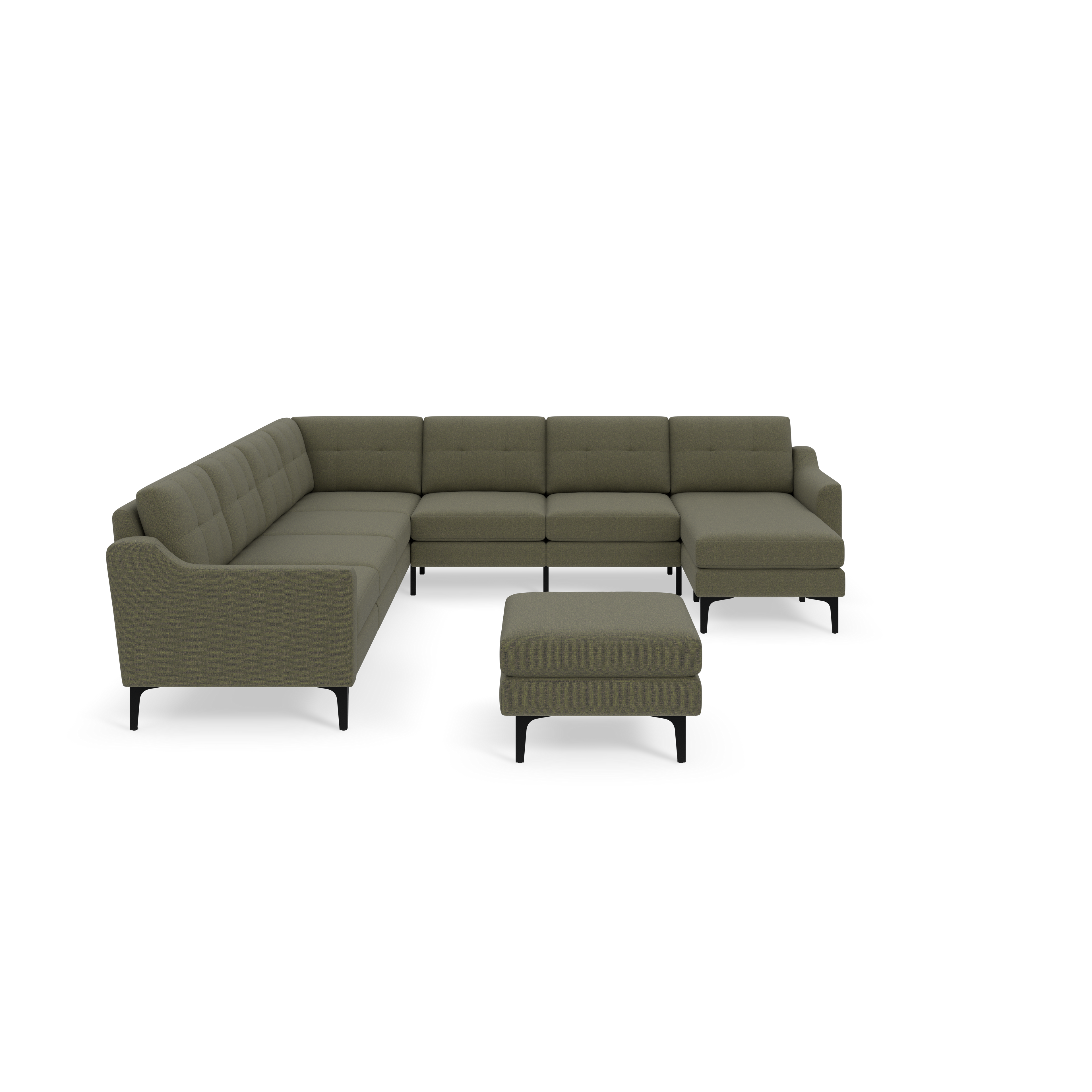 Modern L-shaped Moss green sectional sofa with tufted cushions and black legs, accompanied by matching ottoman.