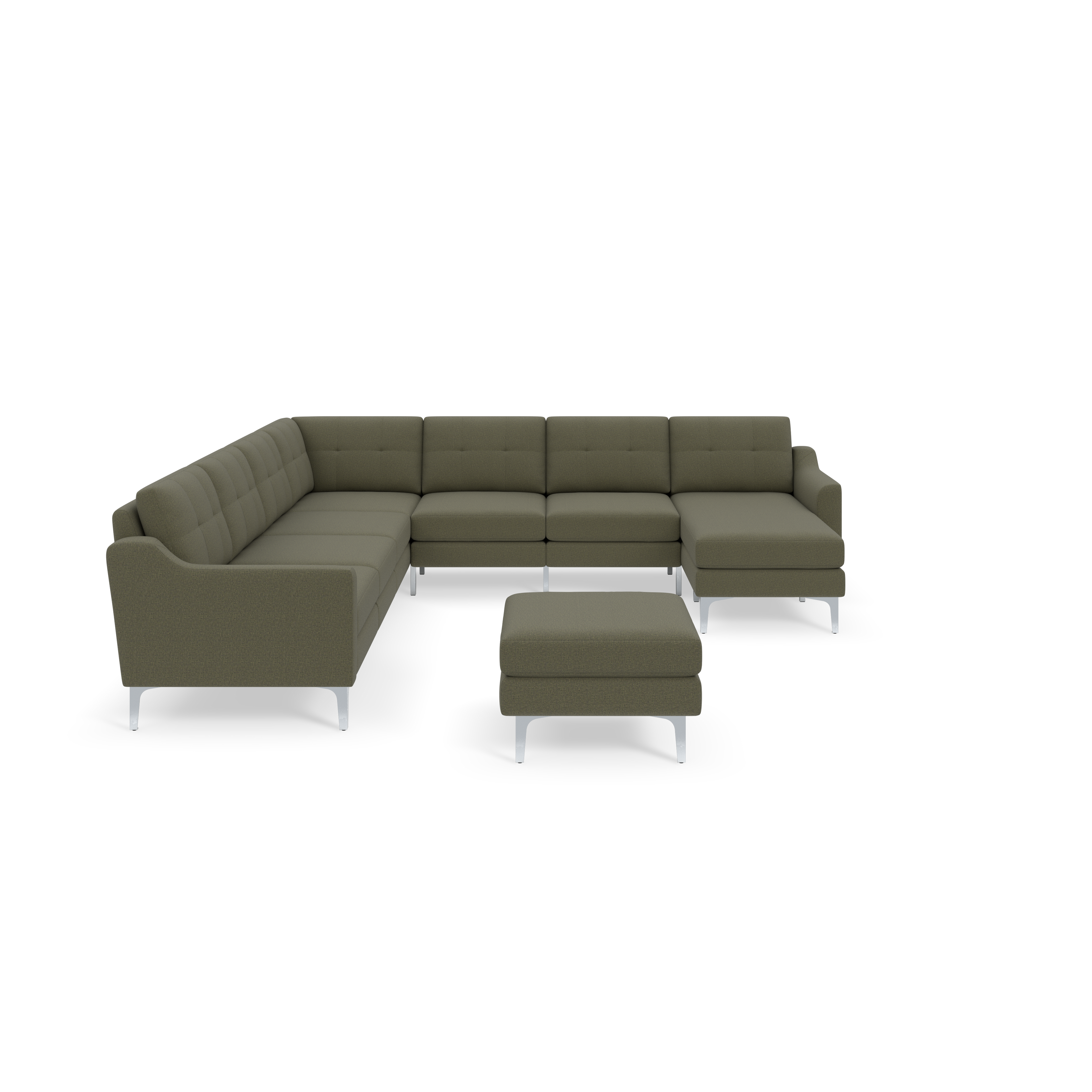 Moss green modern L-shaped sectional sofa with metal legs and matching ottoman against black background.