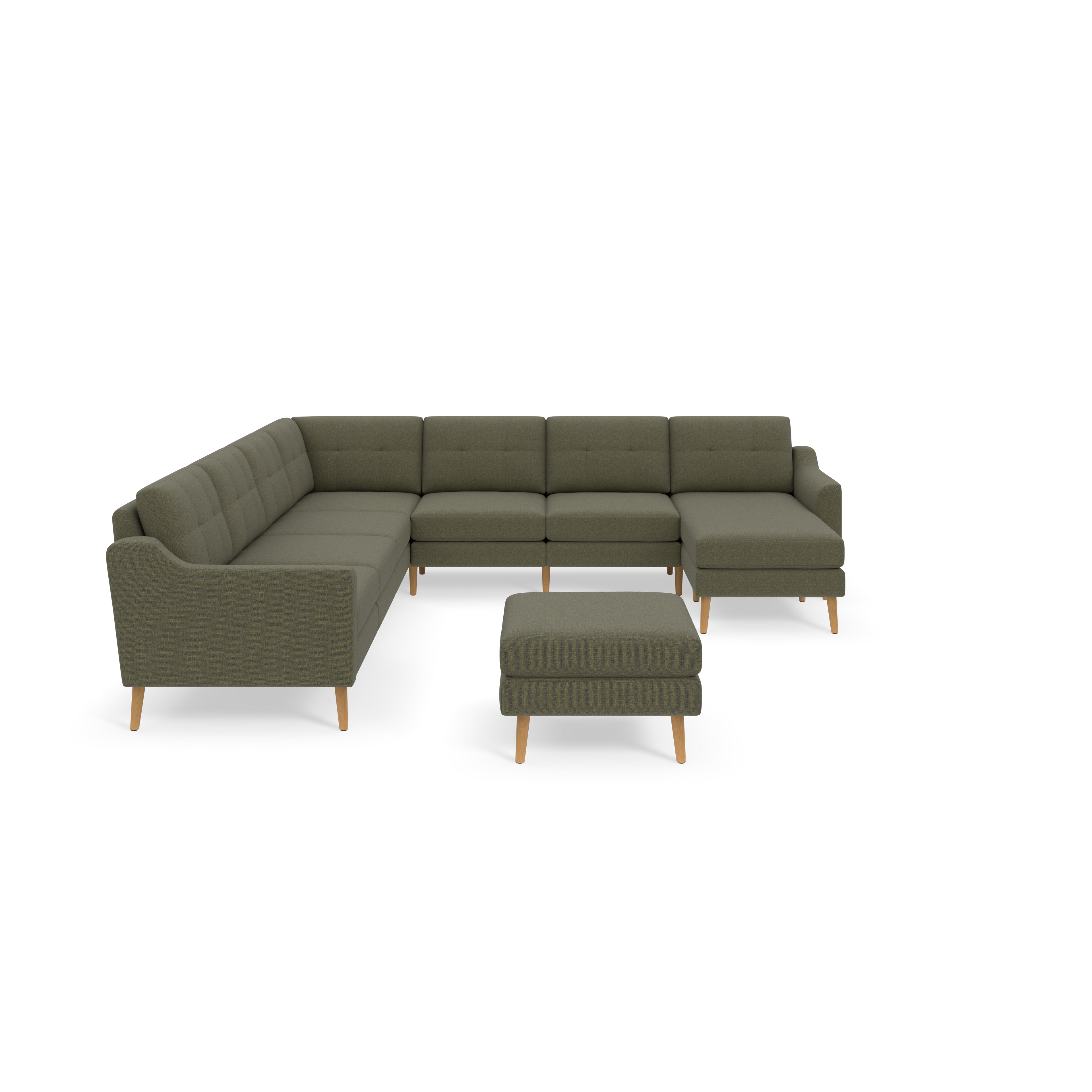 L-shaped modern sectional sofa in muted Moss green fabric with tufted cushions and light wood legs, includes matching ottoman.