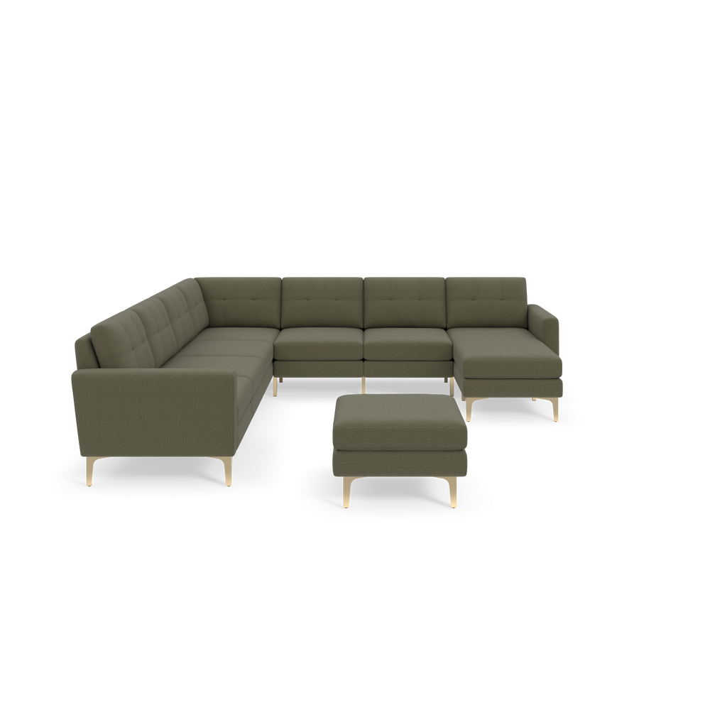 U-shaped modern sectional sofa in Moss green fabric with tufted cushions and light wooden legs, including a matching ottoman.