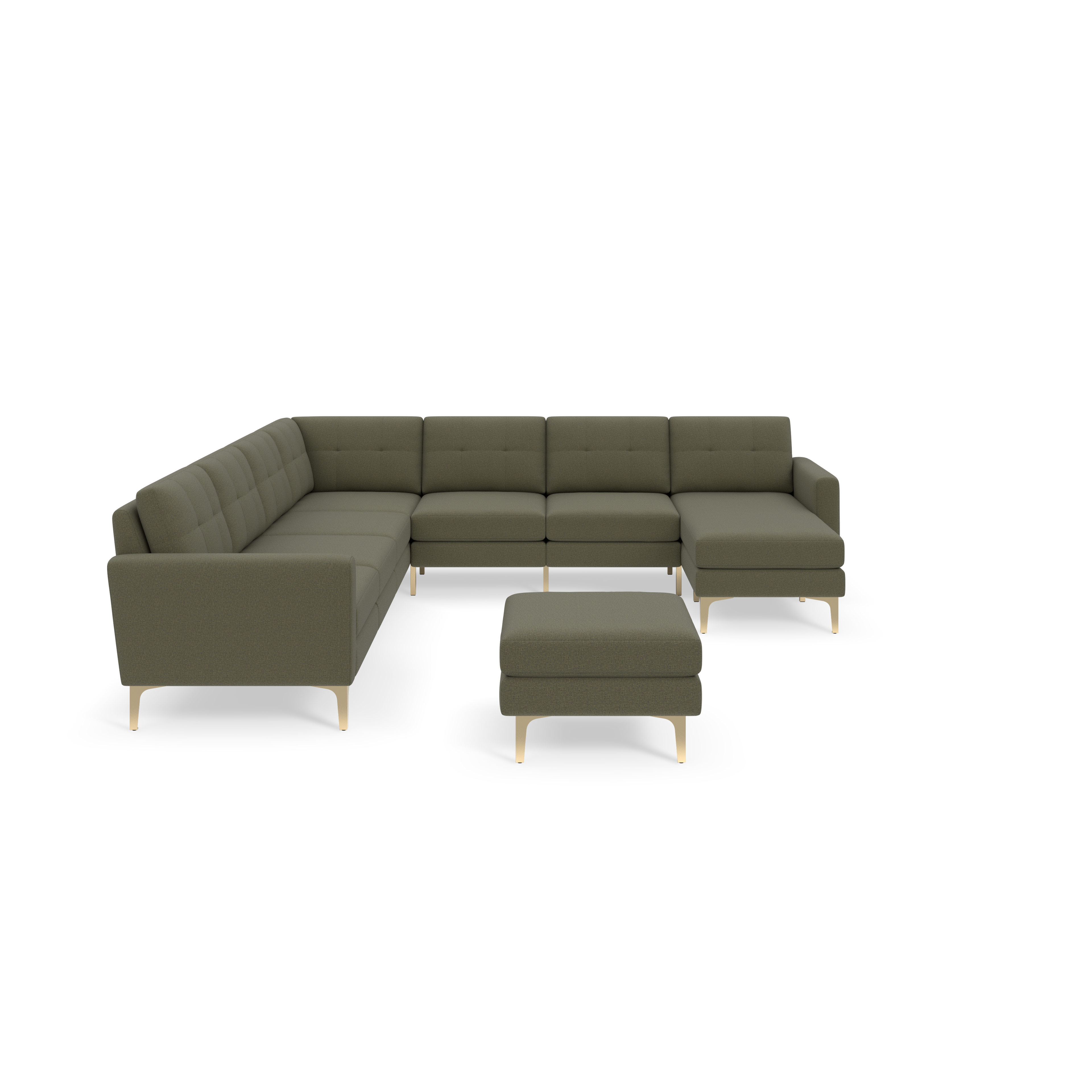 U-shaped modern sectional sofa in Moss green fabric with tufted cushions and light wooden legs, including a matching ottoman.