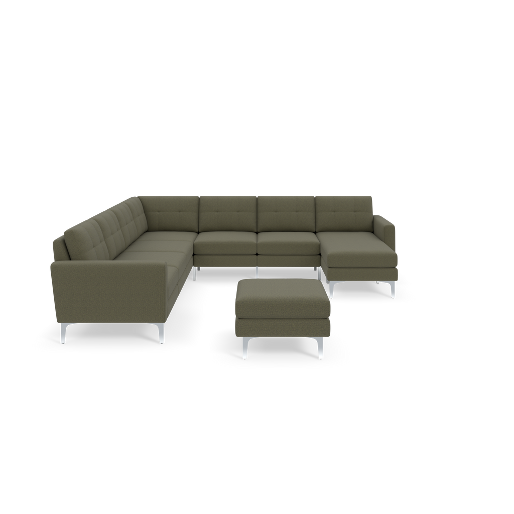 Modern Moss green L-shaped sectional sofa with tufted cushions and metal legs, accompanied by a matching ottoman.