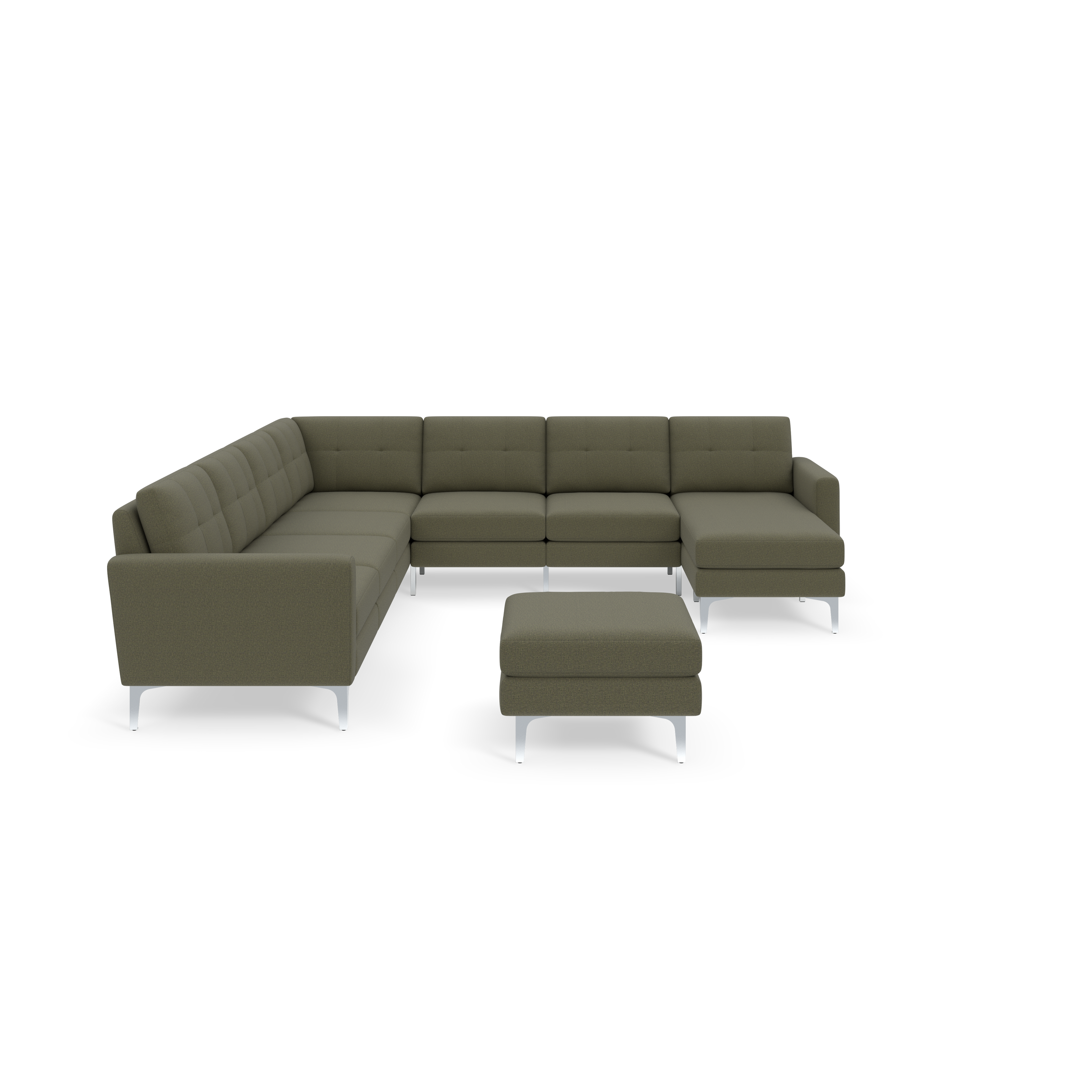 Modern Moss green L-shaped sectional sofa with tufted cushions and metal legs, accompanied by a matching ottoman.