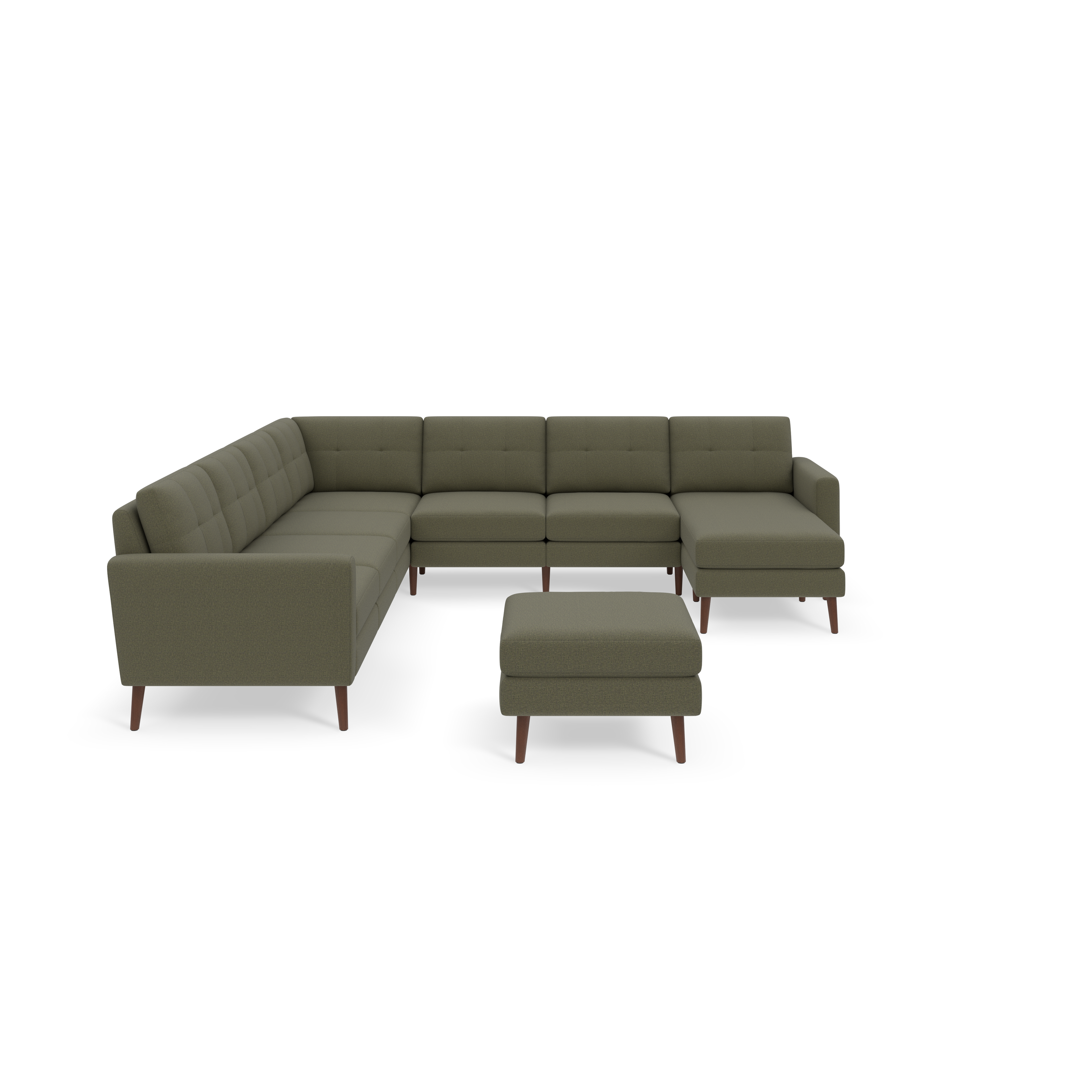 Moss green L-shaped sectional sofa with tufted back cushions and matching ottoman, featuring wooden angled legs.