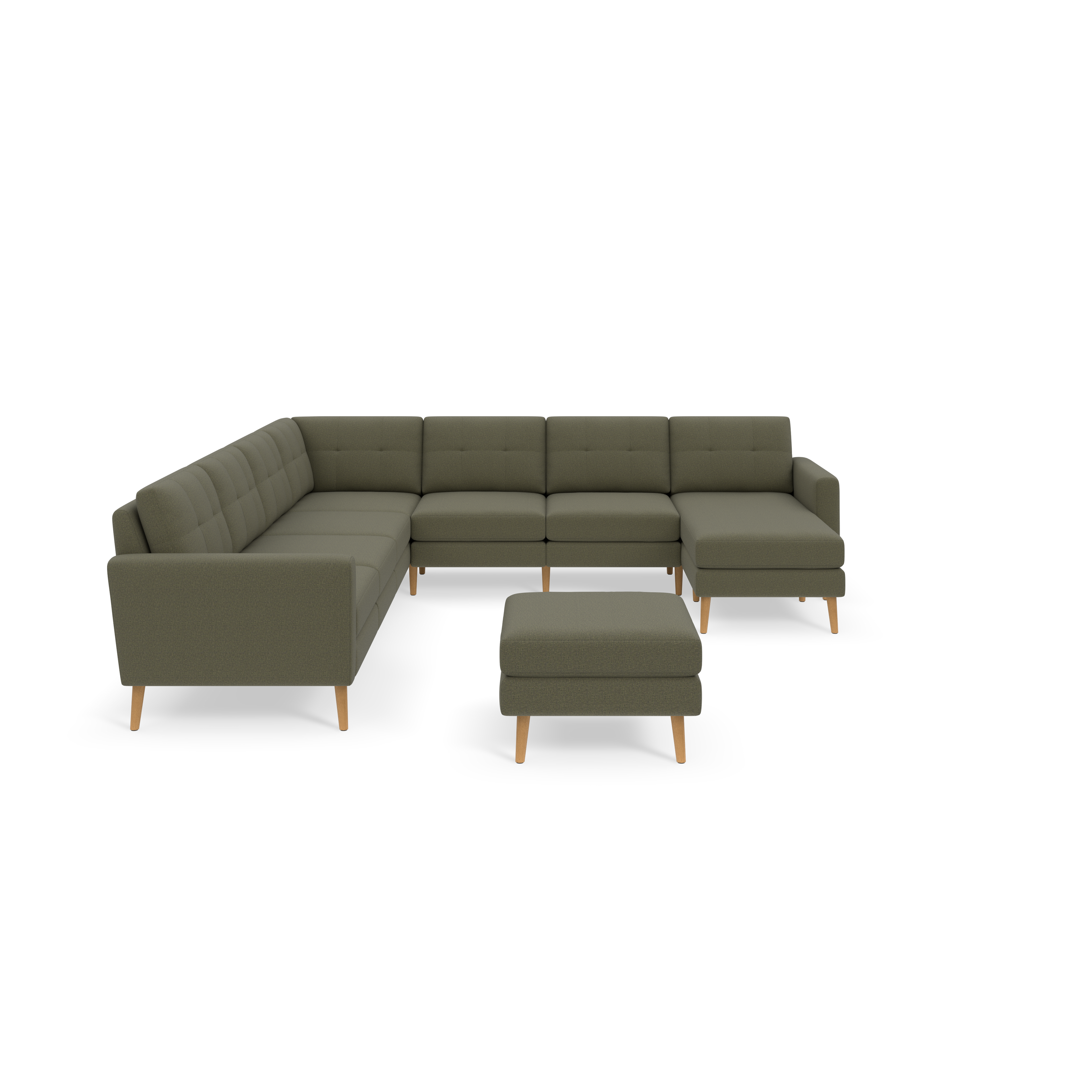 Modern Moss green sectional sofa with wooden legs, tufted cushions, and matching ottoman on black background.