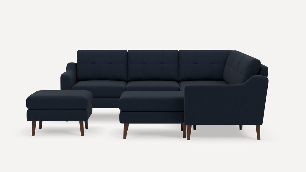 Nomad Plus 5-Seat Corner Sectional with Chaise and Ottoman - Navy Blue - Performance Flatweave / Walnut - Wood / Slope Arm
