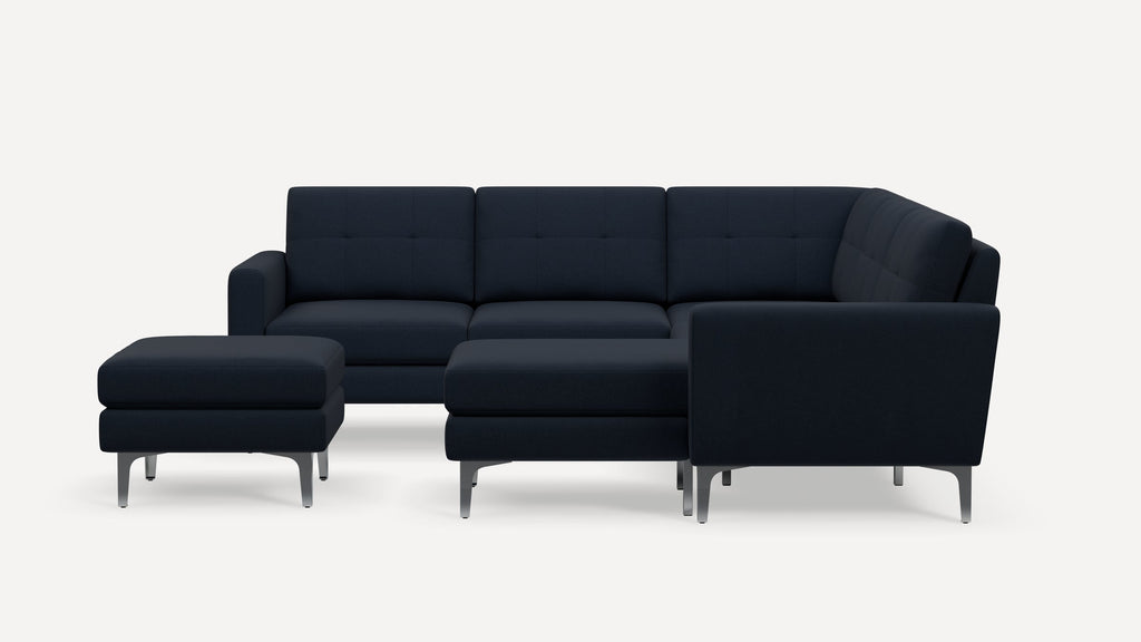 Nomad Plus 5-Seat Corner Sectional with Chaise and Ottoman - Navy Blue - Performance Flatweave / Chrome - Metal / Block Arm