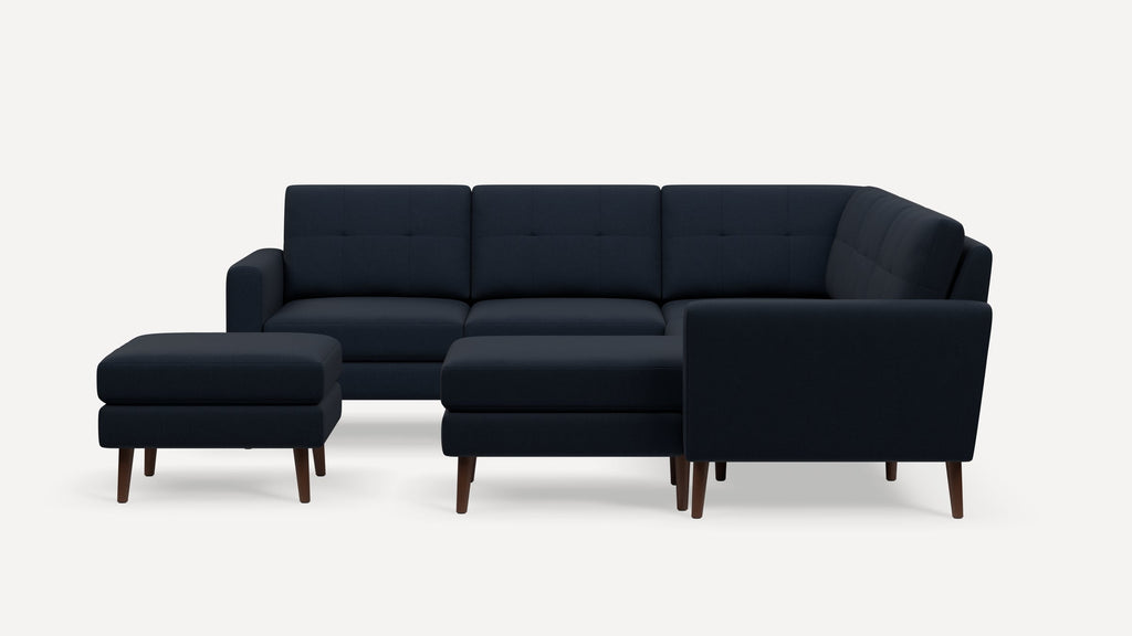 Nomad Plus 5-Seat Corner Sectional with Chaise and Ottoman - Navy Blue - Performance Flatweave / Walnut - Wood / Block Arm