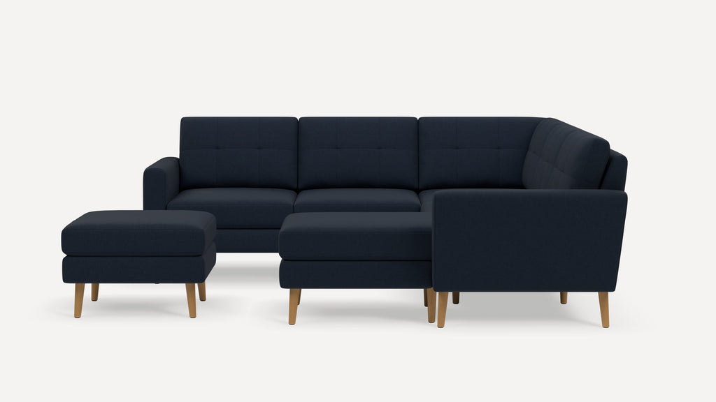Nomad Plus 5-Seat Corner Sectional with Chaise and Ottoman - Navy Blue - Performance Flatweave / Oak - Wood / Block Arm