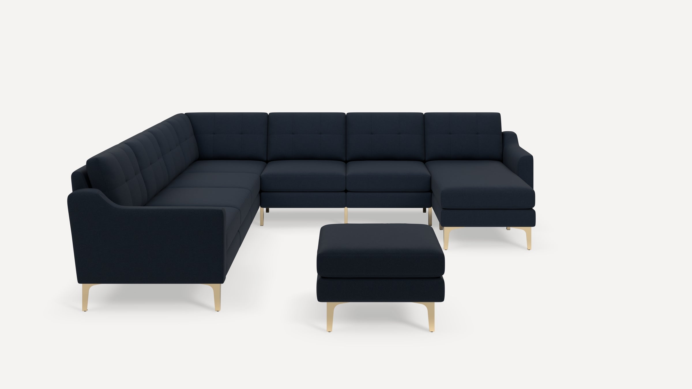 Nomad Plus 7-Seat Corner Sectional with Chaise and Ottoman - Navy Blue - Performance Flatweave / Brass - Metal / Slope Arm