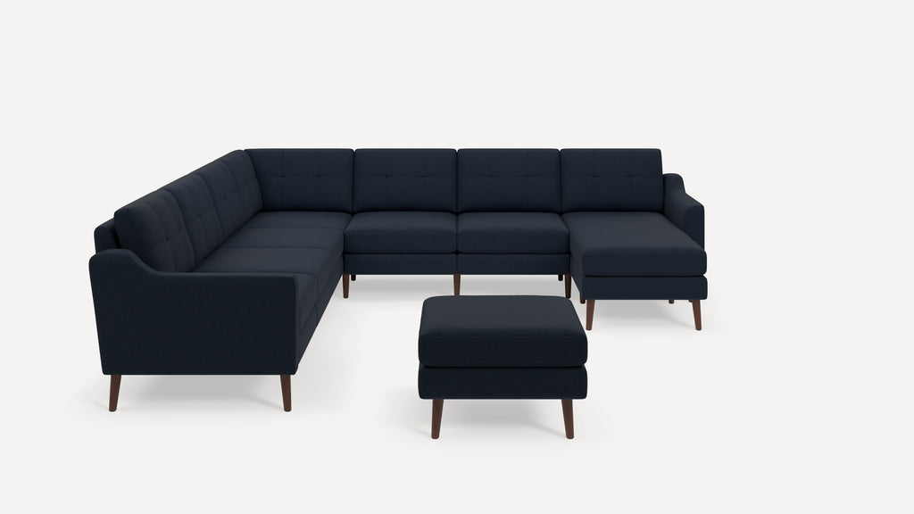 Nomad Plus 7-Seat Corner Sectional with Chaise and Ottoman - Navy Blue - Performance Flatweave / Walnut - Wood / Slope Arm