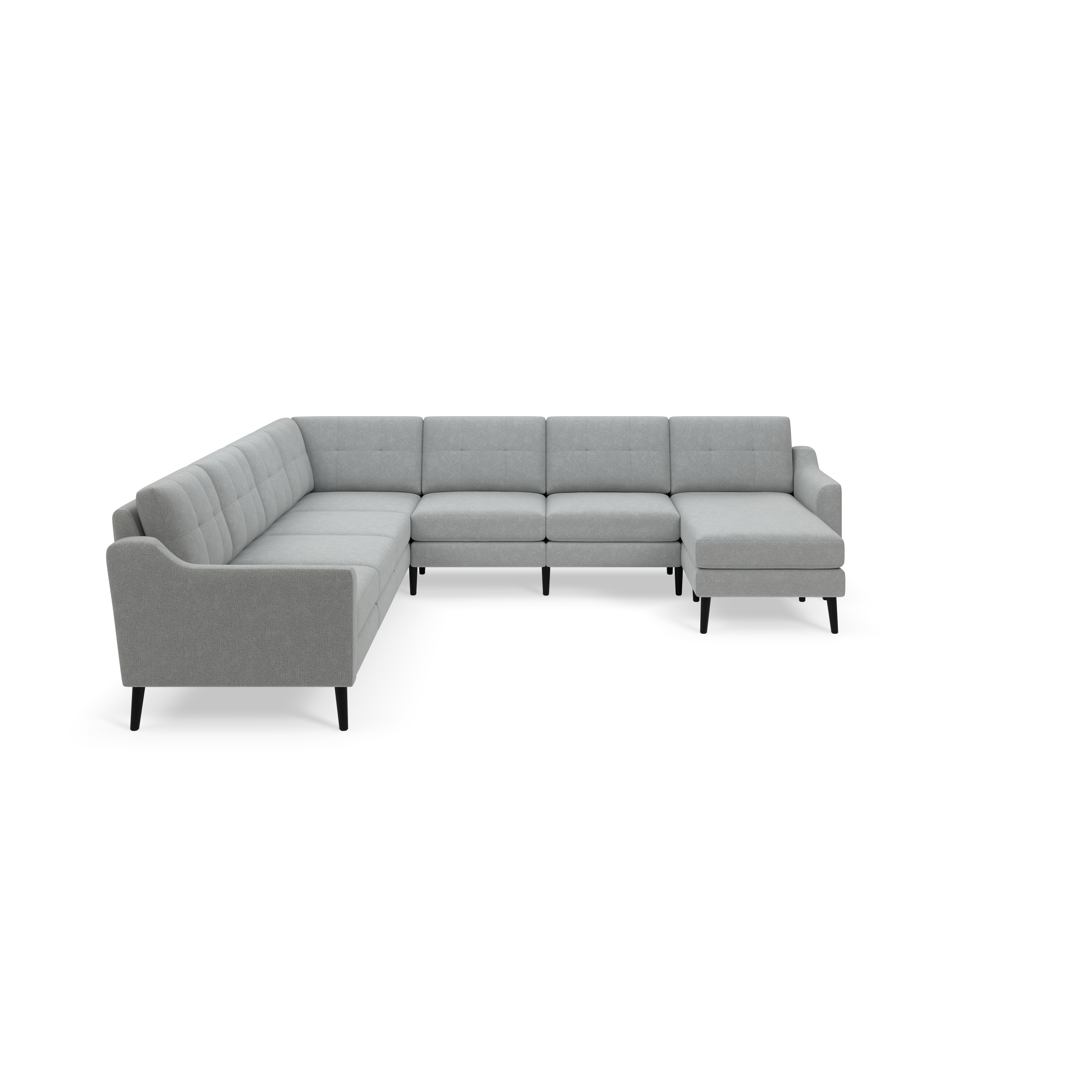 Light gray L-shaped sectional sofa with tufted back cushions, armrests, and black tapered legs on a black background.