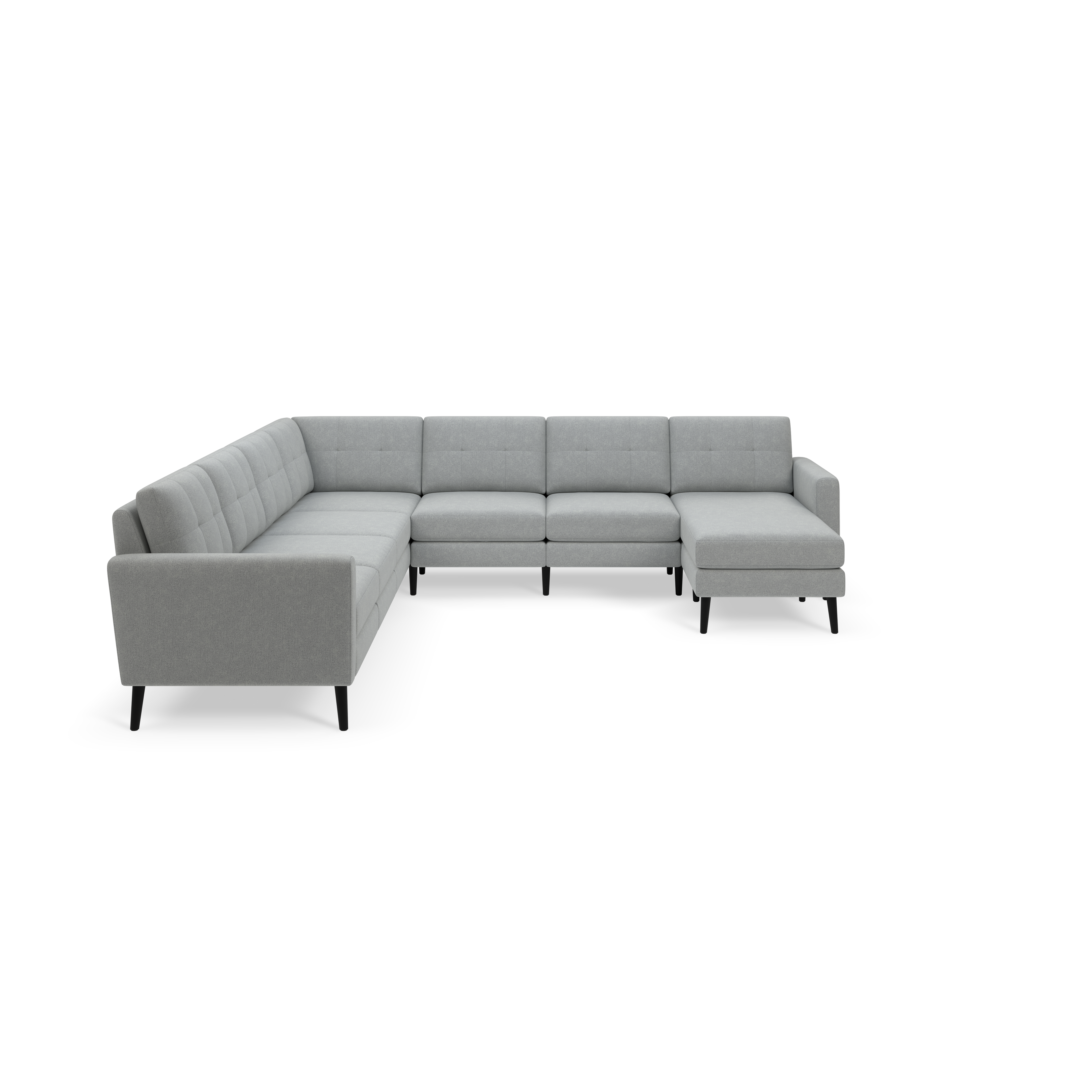 Light gray L-shaped sectional sofa with tufted cushions, sleek armrests, and black wooden legs on a black background.