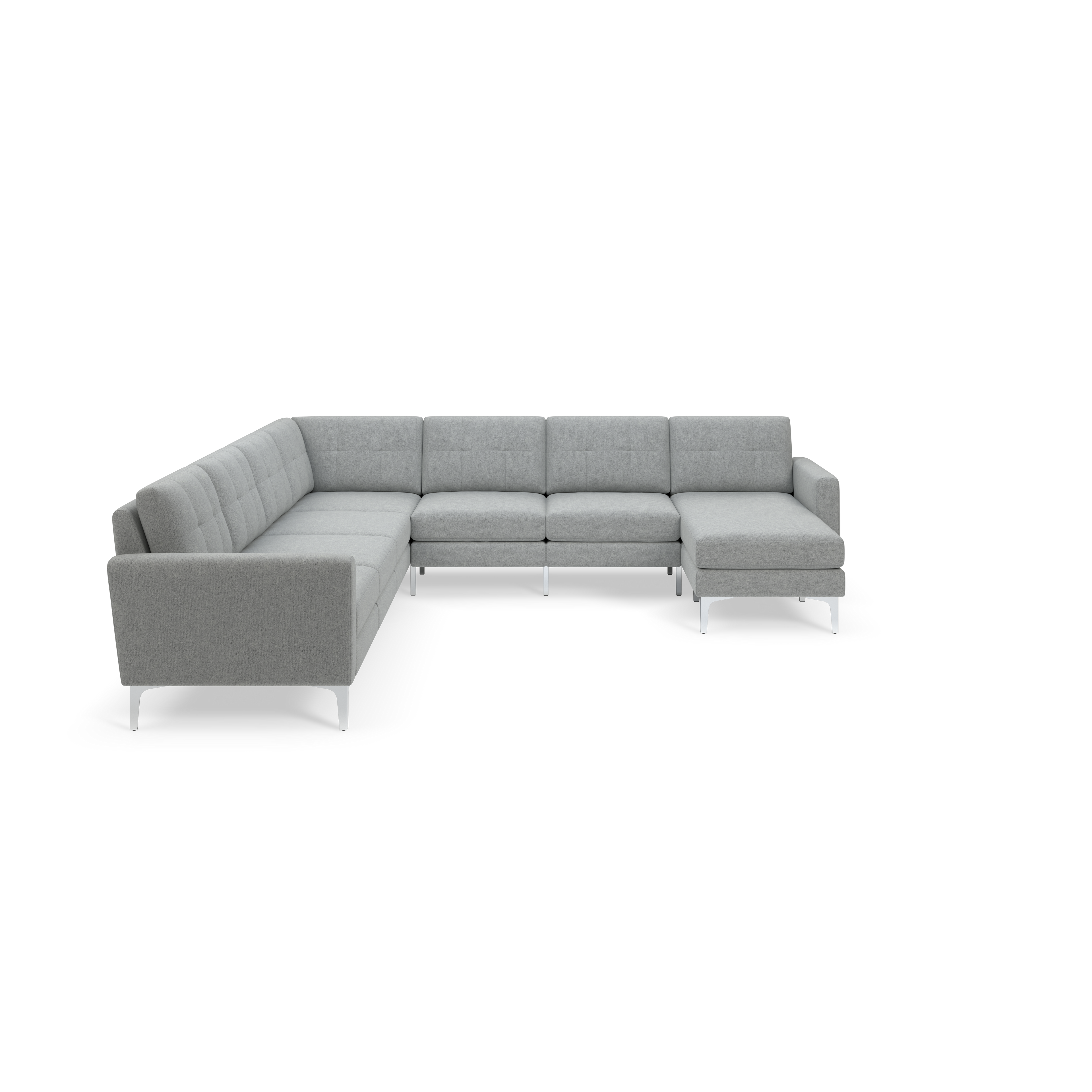 Modern light gray L-shaped sectional sofa with clean lines, metal legs, and tufted back cushions on a black background.