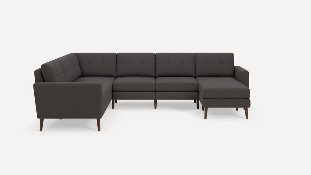Nomad Plus 6-Seat Corner Sectional with Chaise - Heather Charcoal - Performance Chenille / Walnut - Wood / Block Arm