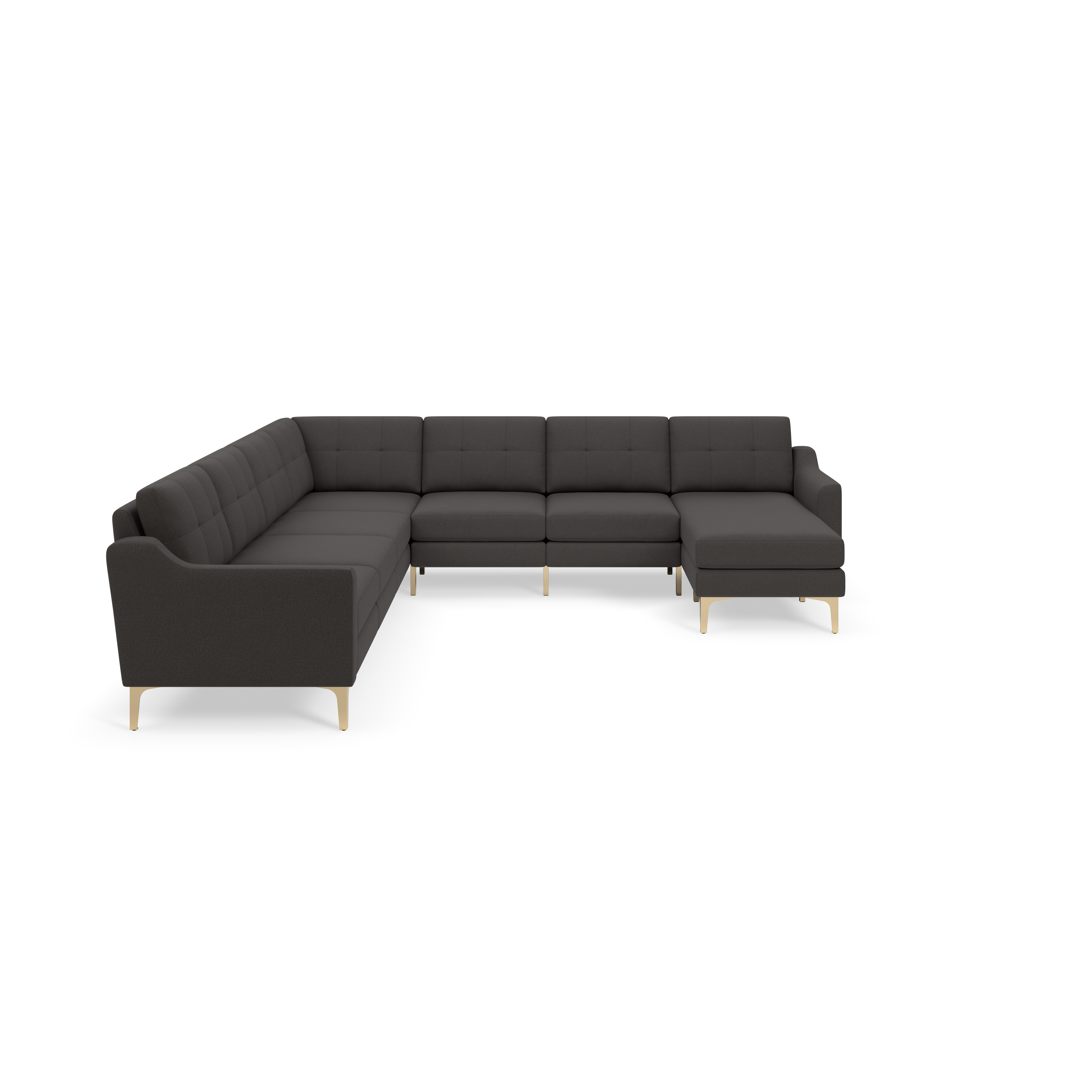 Large modern L-shaped sectional sofa with dark gray upholstery and light wooden legs, tufted back cushions, right-side chaise lounge.