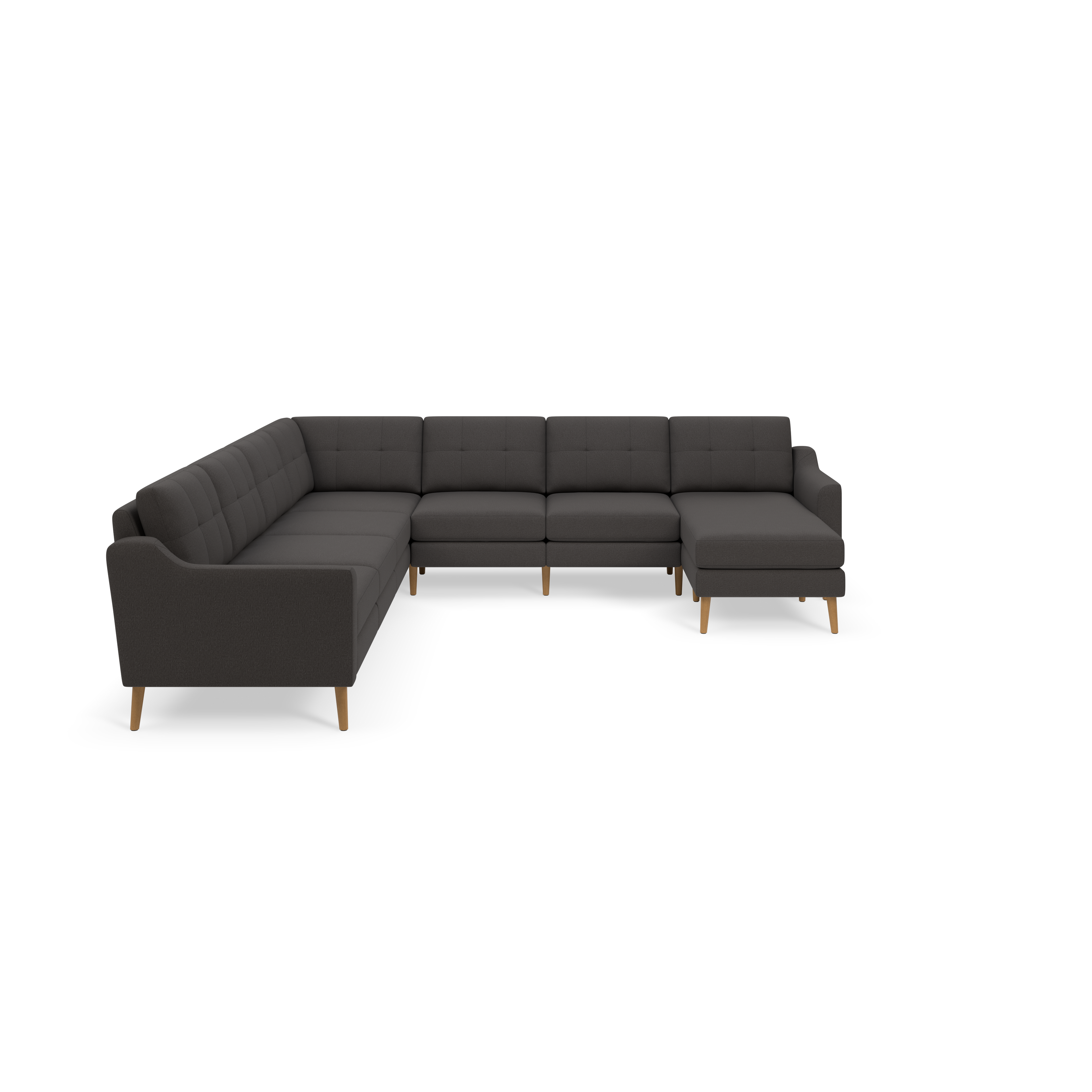 Large modern L-shaped sectional sofa with dark gray tufted cushions and wooden legs, featuring a right-side chaise lounge.