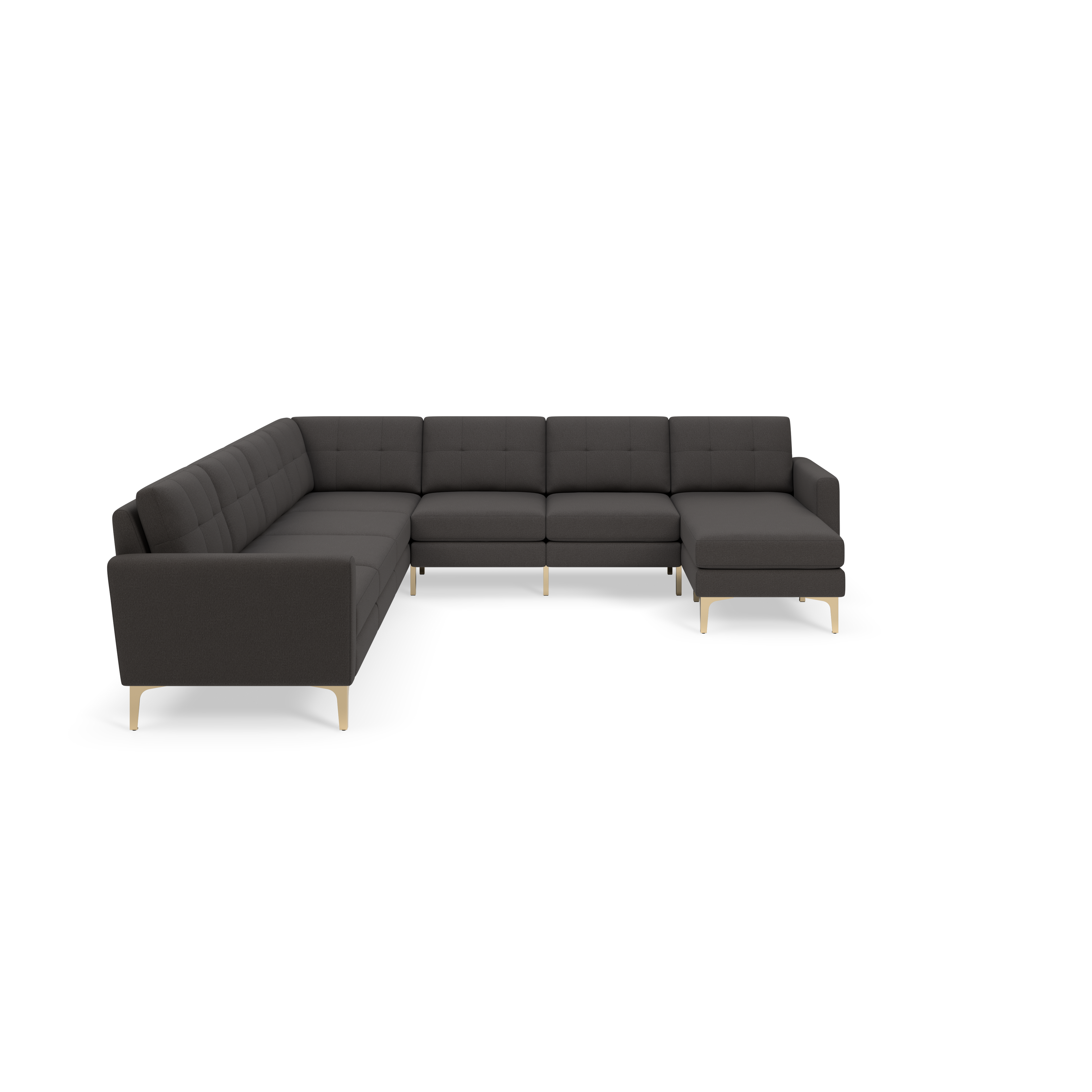 Dark gray L-shaped sectional sofa with tufted cushions and light wooden legs on a black background.