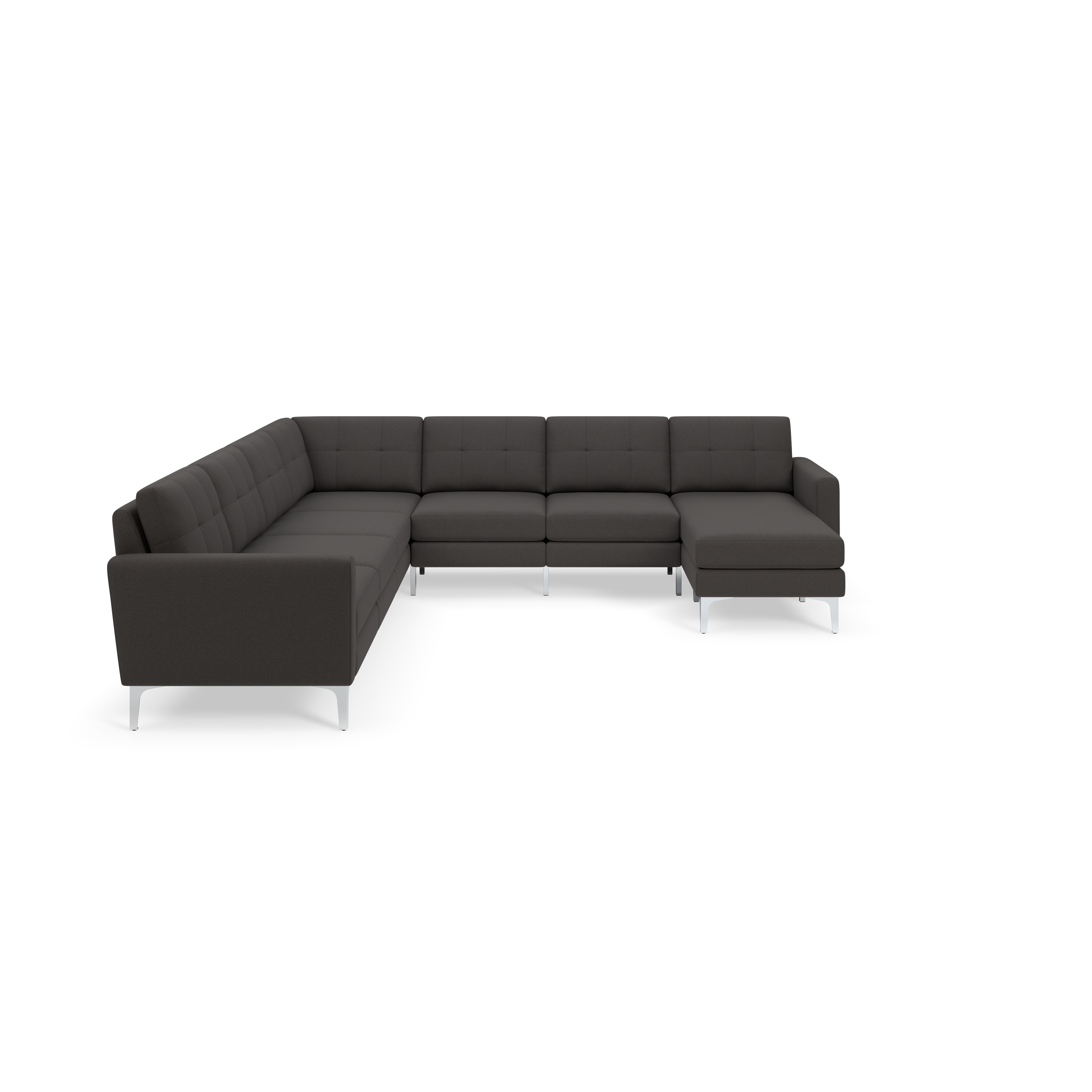 Dark gray L-shaped sectional sofa with tufted back cushions and modern metal legs, designed for spacious seating.