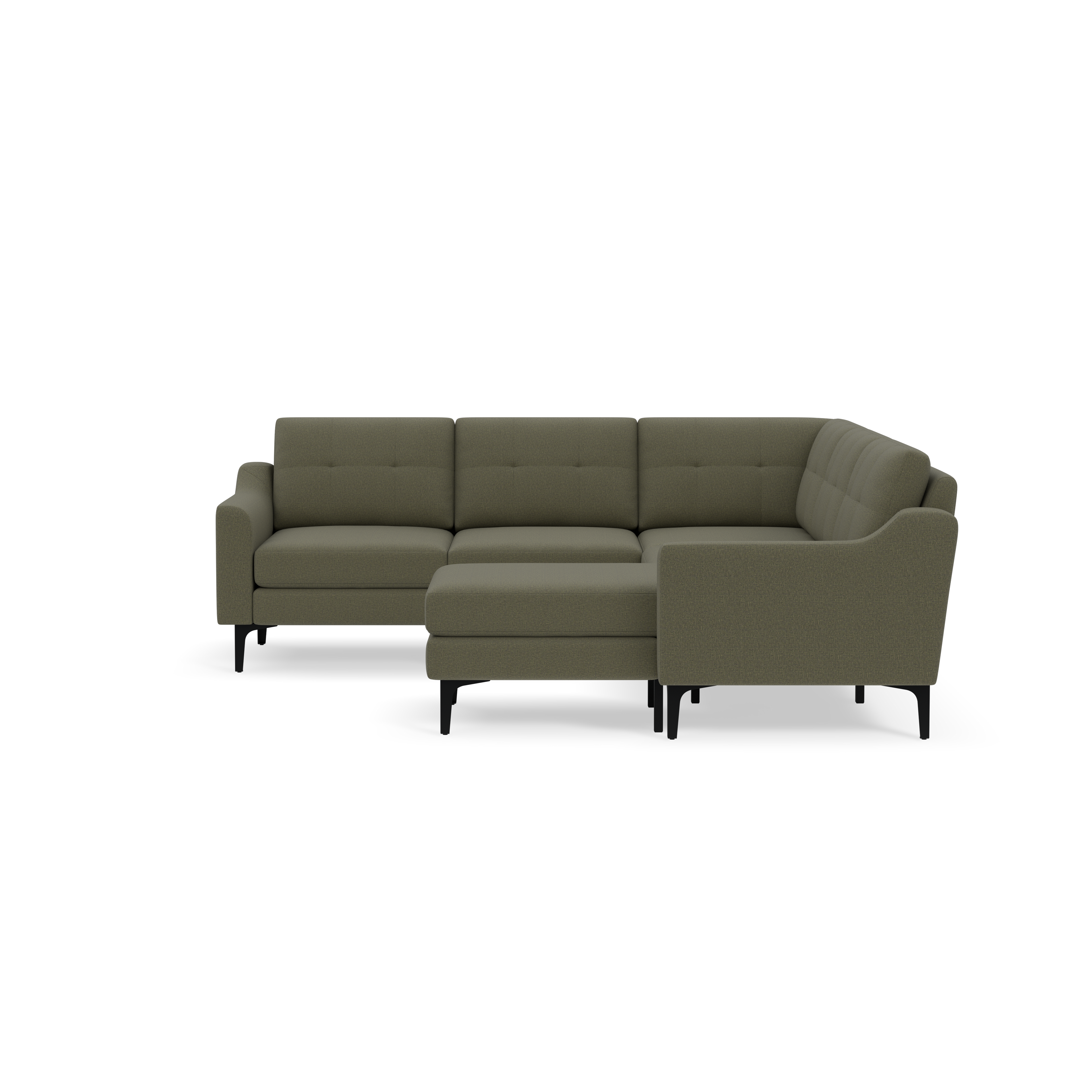 Modern olive green L-shaped sectional sofa with tufted back cushions and sleek black legs against a black background.