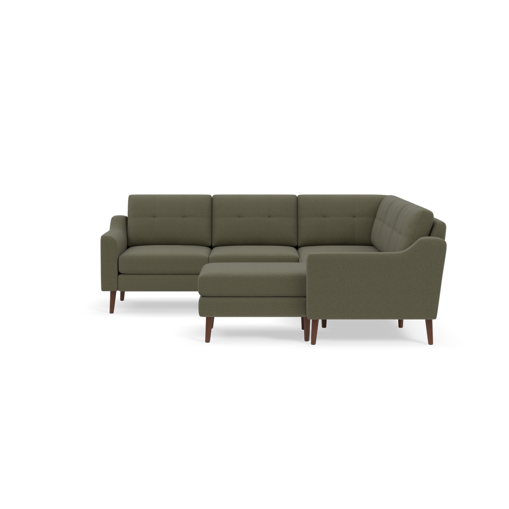 Contemporary olive green L-shaped sectional sofa with tufted back cushions and wooden legs, designed for corner seating.
