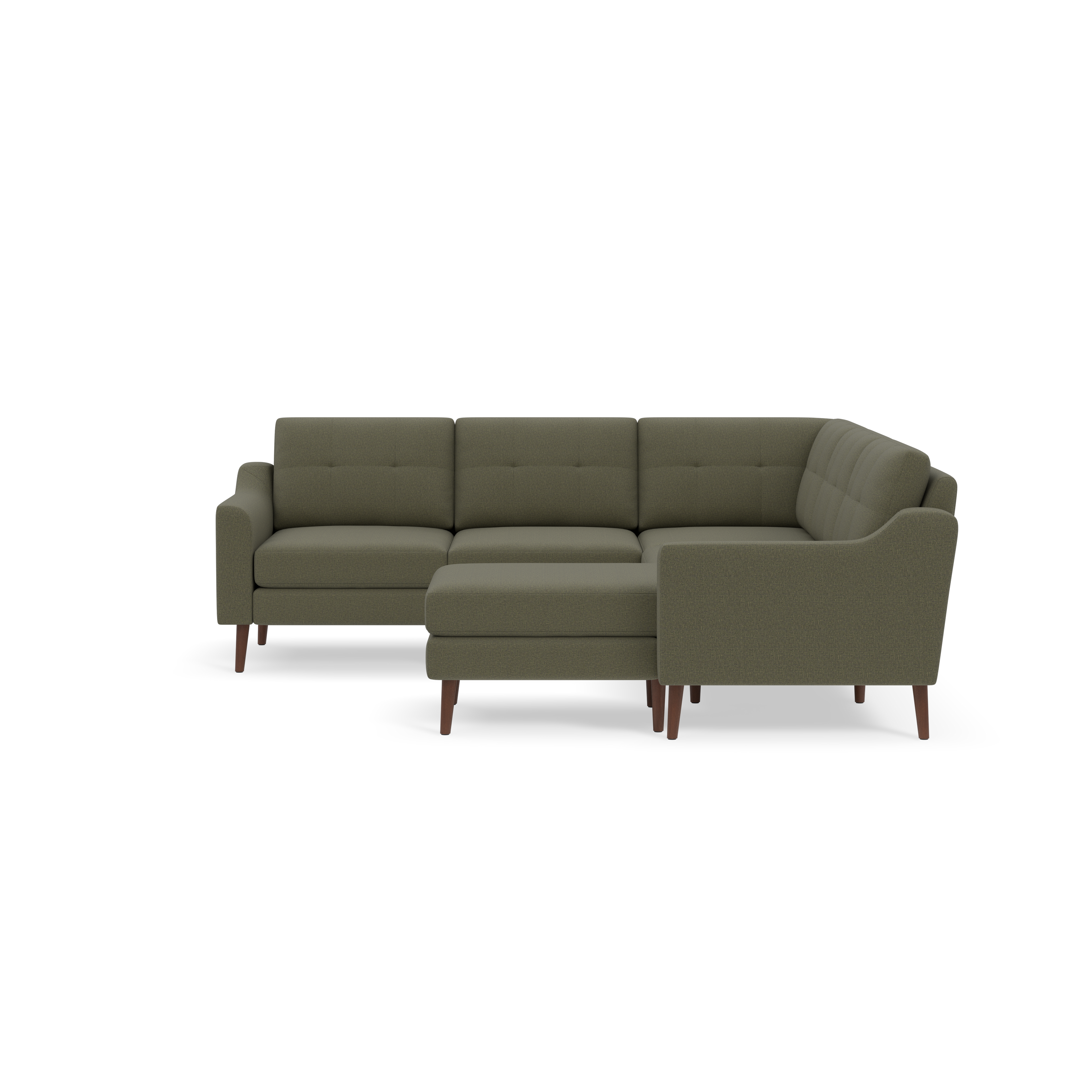Contemporary olive green L-shaped sectional sofa with tufted back cushions and wooden legs, designed for corner seating.
