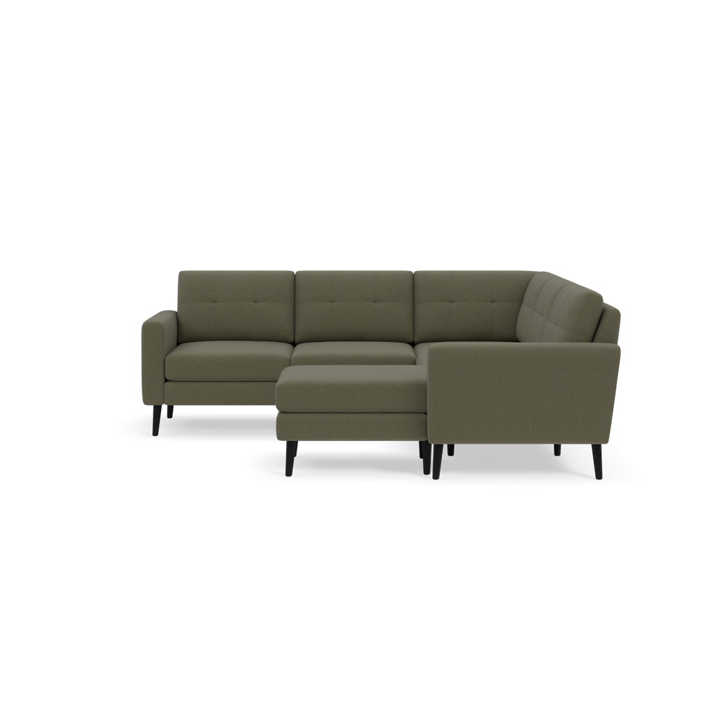 Modern L-shaped sectional sofa with olive green fabric upholstery, tufted back cushions, and black tapered wooden legs.