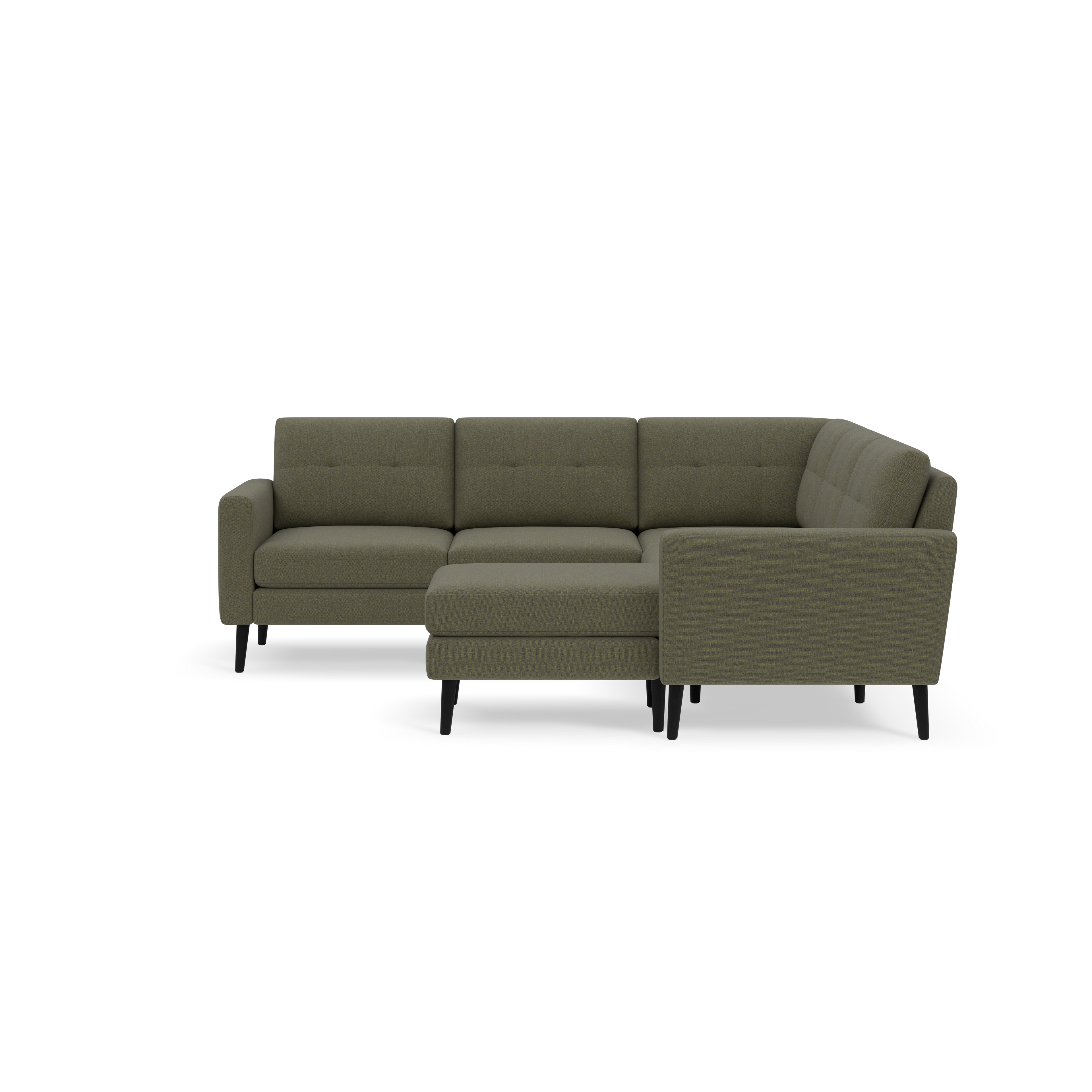 Modern L-shaped sectional sofa with olive green fabric upholstery, tufted back cushions, and black tapered wooden legs.