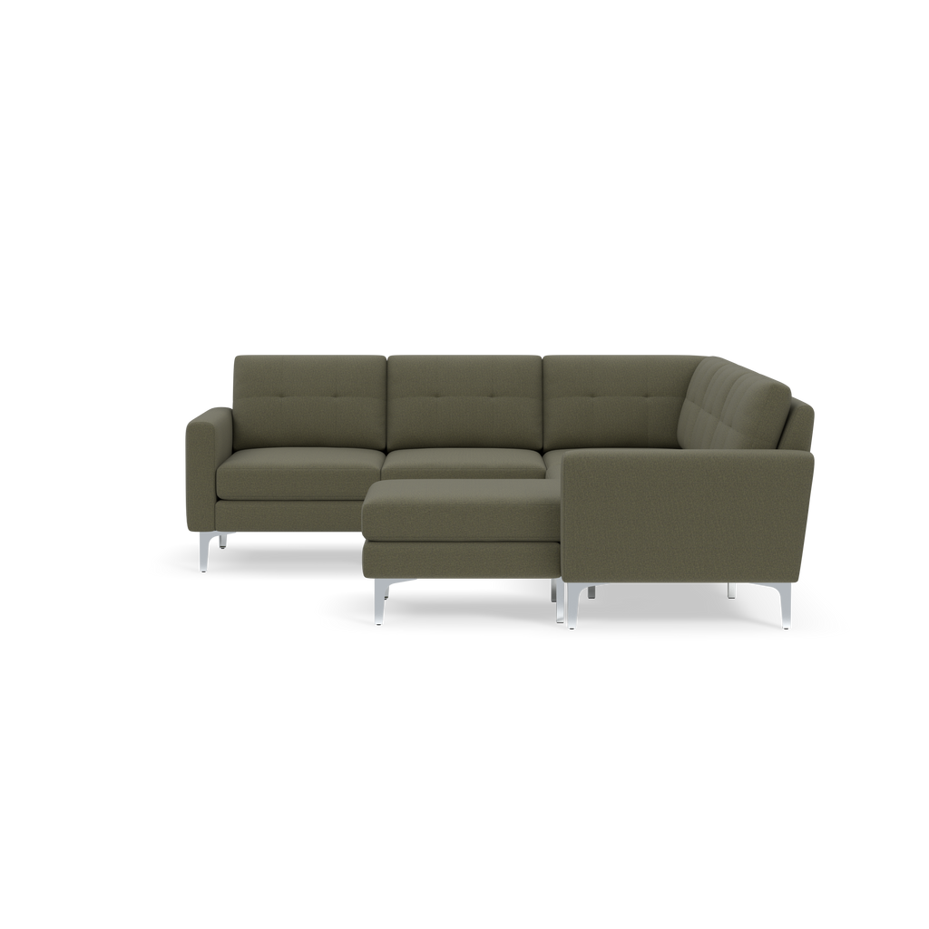 Modern olive green sectional sofa with tufted cushions and silver metal legs, designed for corner seating.