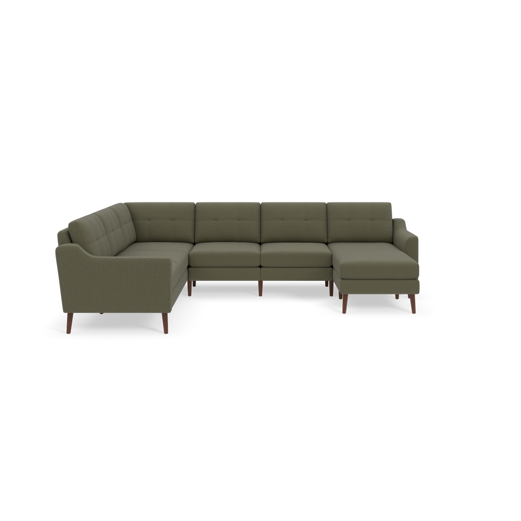 Modern L-shaped sectional sofa with Moss green tufted fabric upholstery and wooden angled legs against a black background.