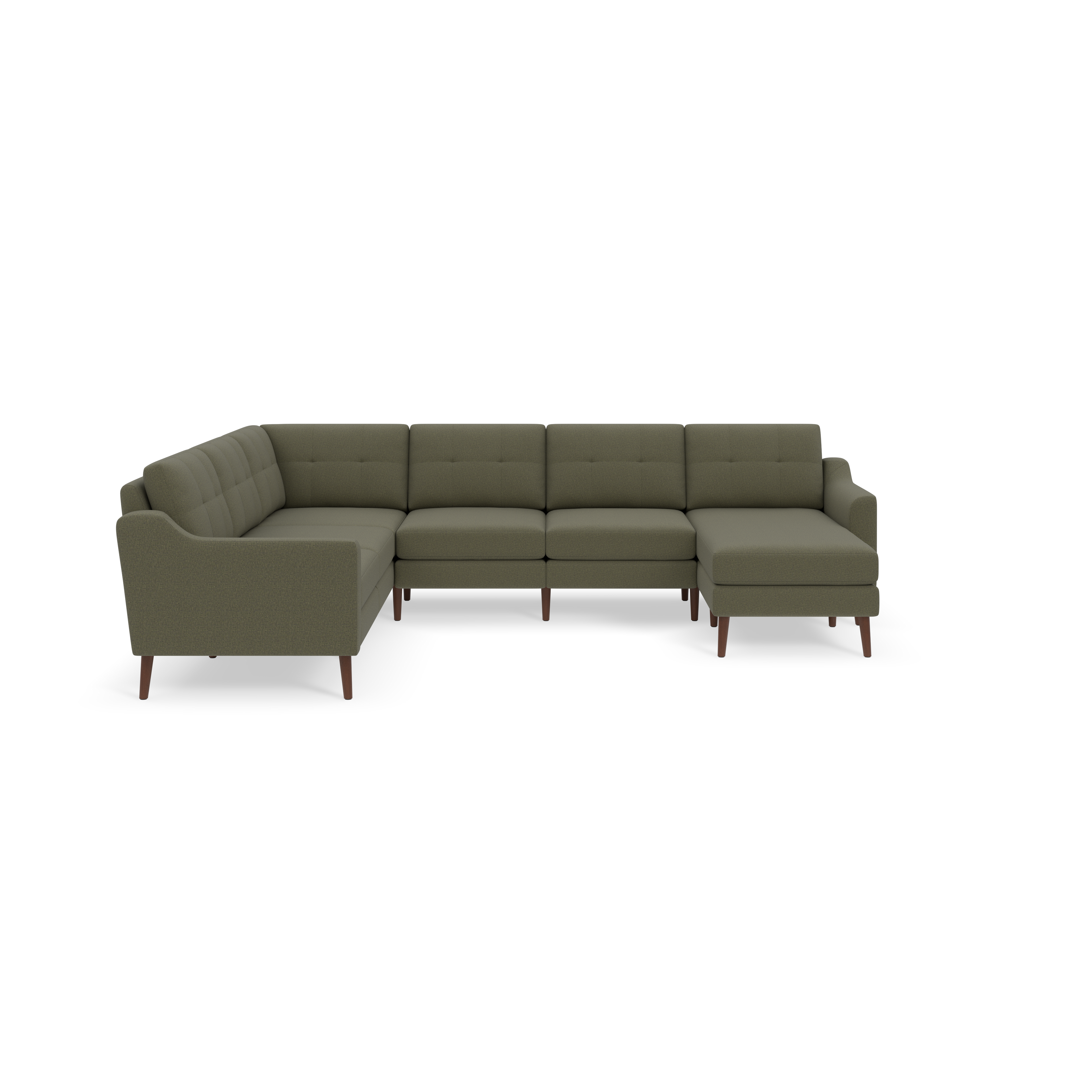 Modern L-shaped sectional sofa with Moss green tufted fabric upholstery and wooden angled legs against a black background.