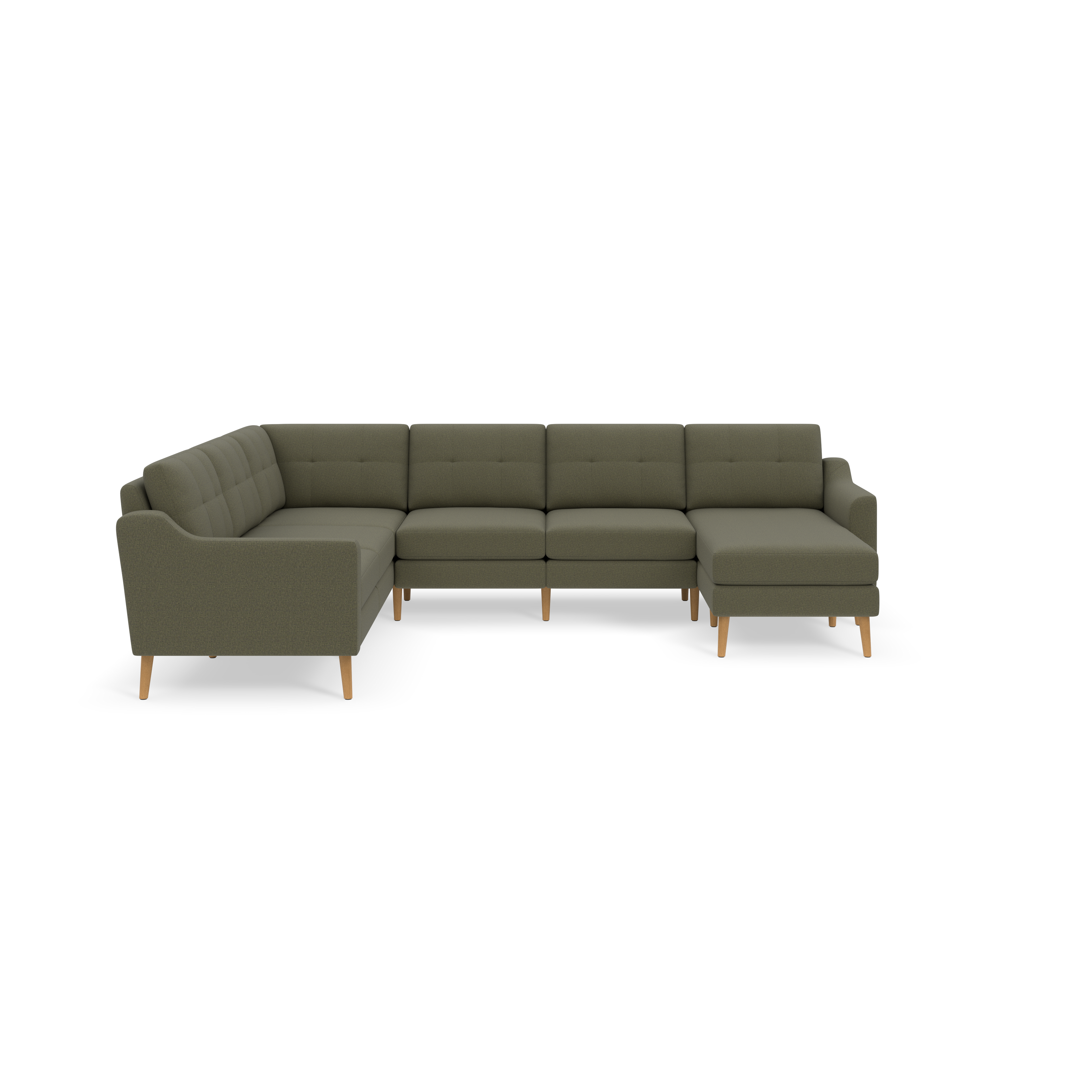 Large L-shaped sectional sofa with Moss green fabric upholstery and wooden legs, featuring tufted back cushions and armrests.
