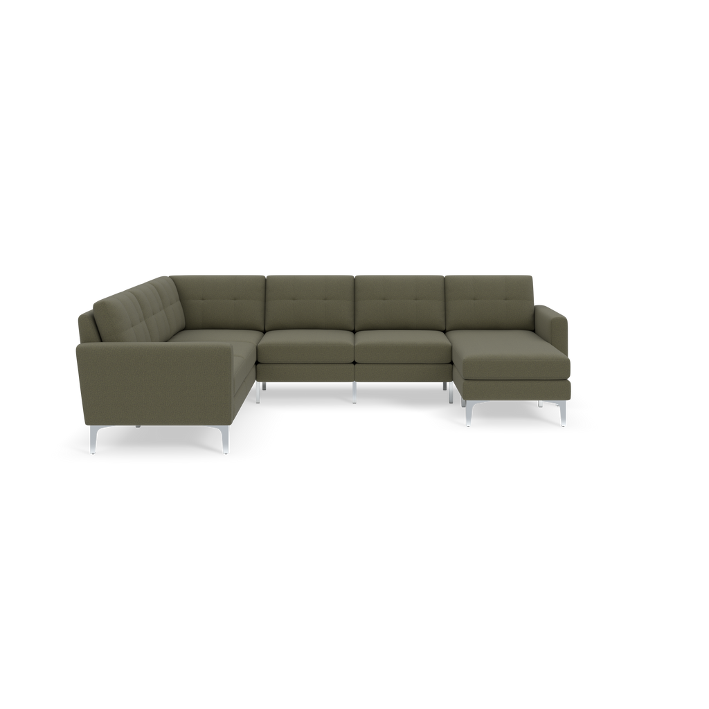 Modern Moss green L-shaped sectional sofa with clean lines, tufted cushions, and sleek silver metal legs against a black background.