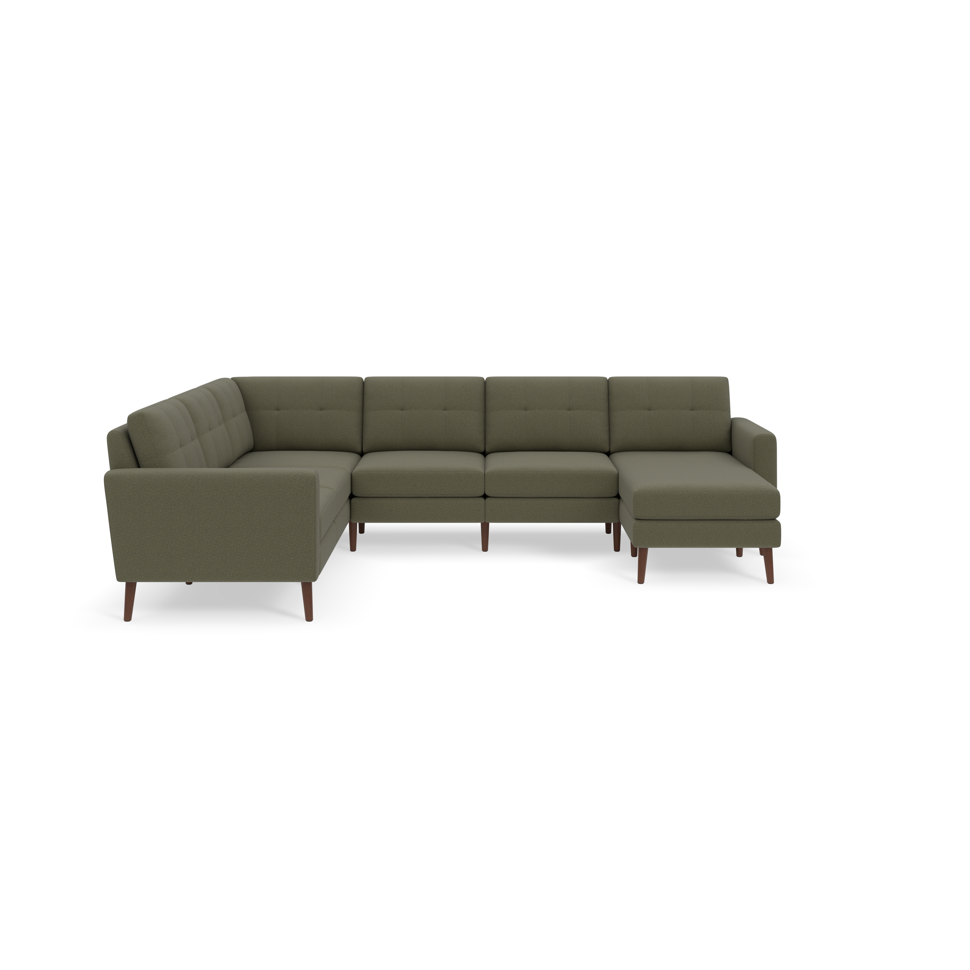 Modern L-shaped sectional sofa with Moss green fabric upholstery and wooden legs, featuring tufted cushioned seats and backrests.