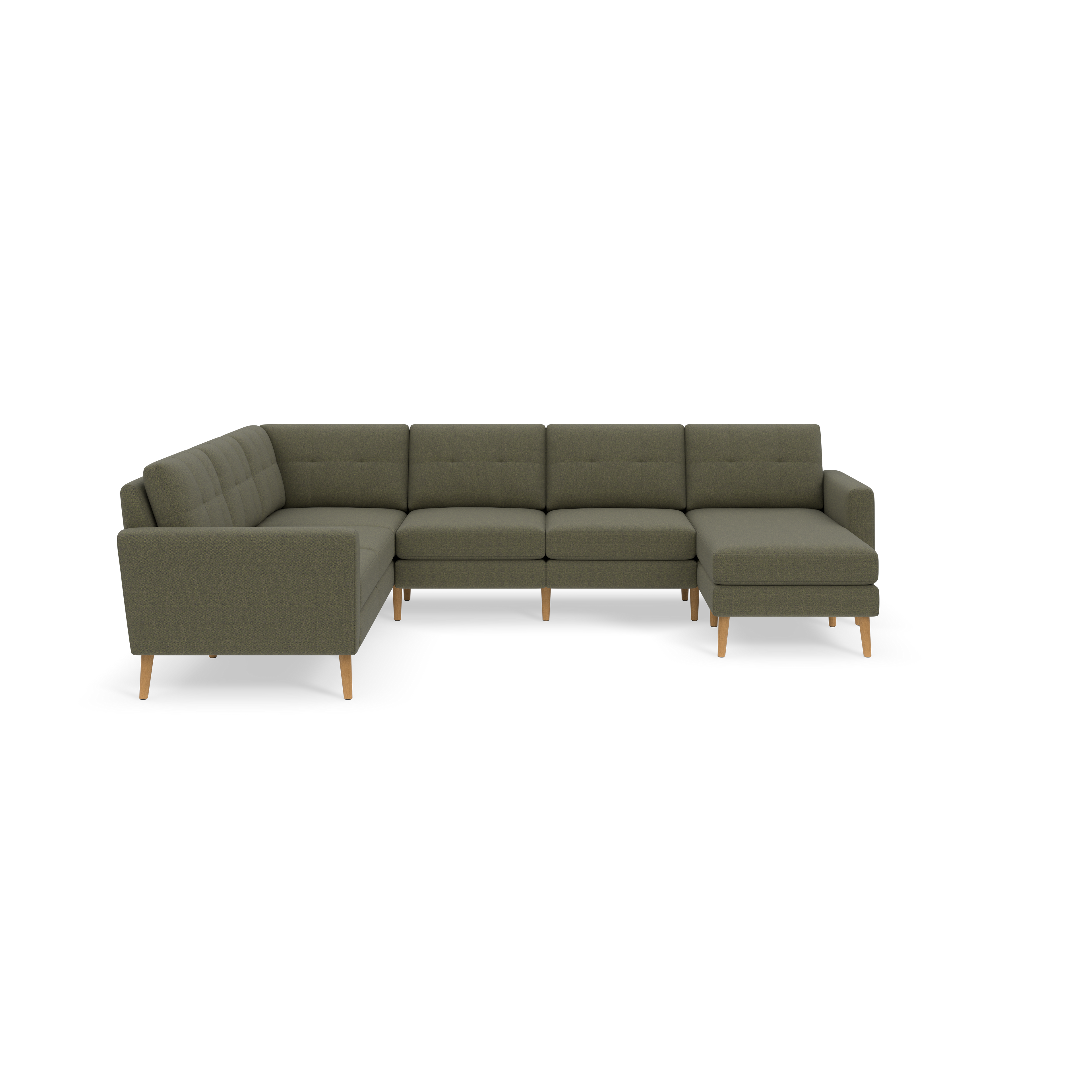 Large Moss green sectional sofa with tufted backrests and wooden legs, featuring an L-shaped design with a chaise lounge on the right side.