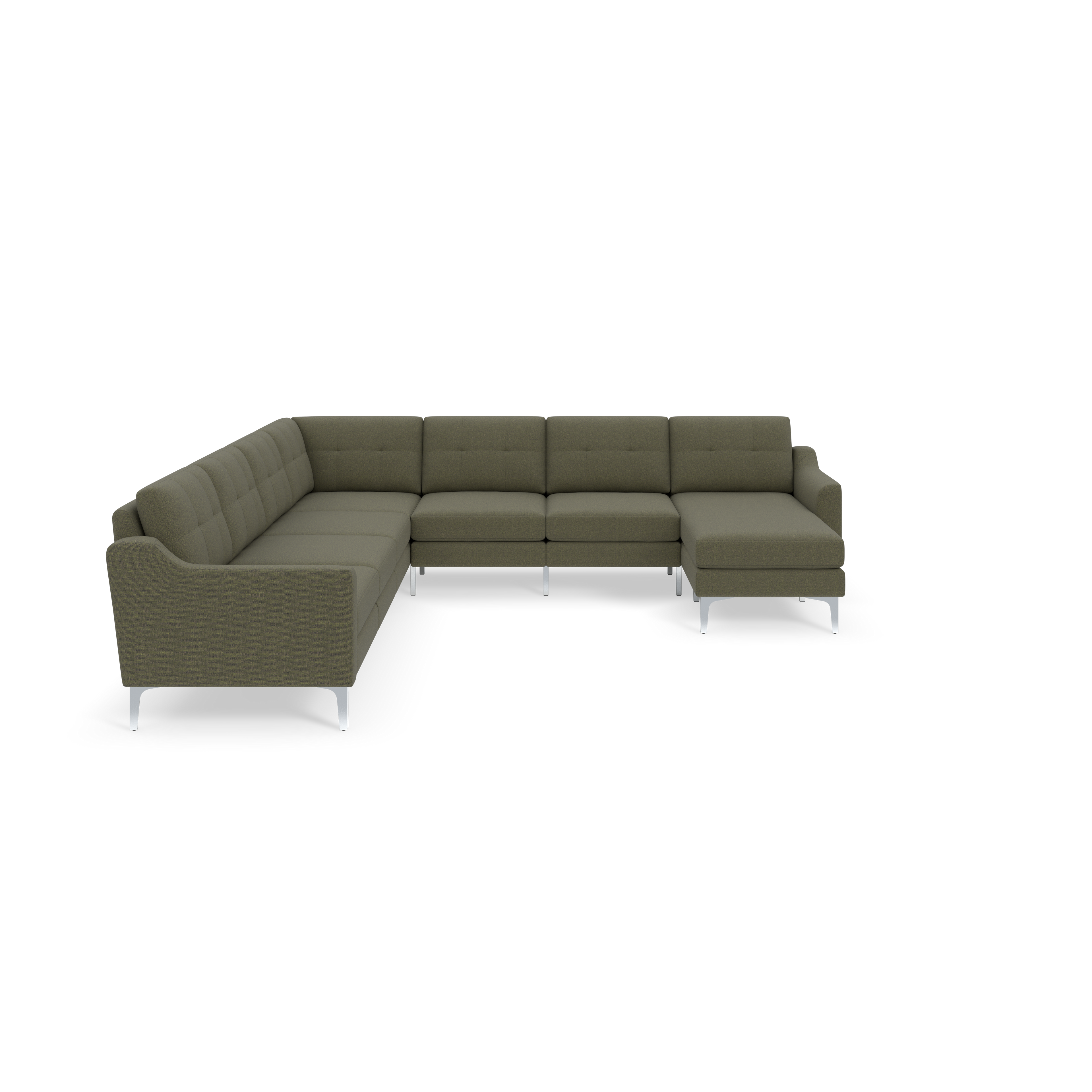 Modern Moss green L-shaped sectional sofa with tufted back cushions and sleek silver metal legs against black background.