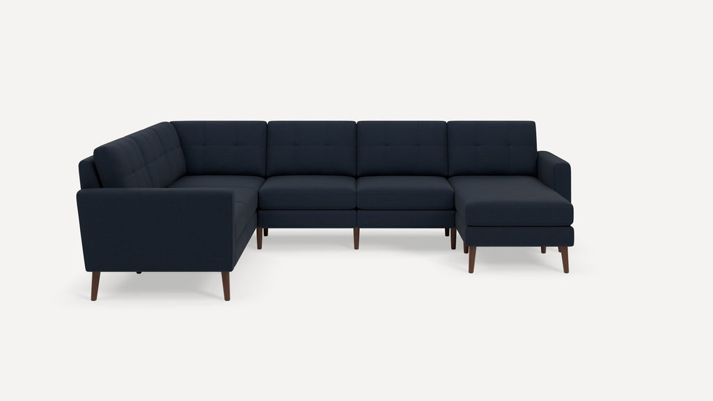 Nomad Plus 6-Seat Corner Sectional with Chaise - Navy Blue - Performance Flatweave / Walnut - Wood / Block Arm
