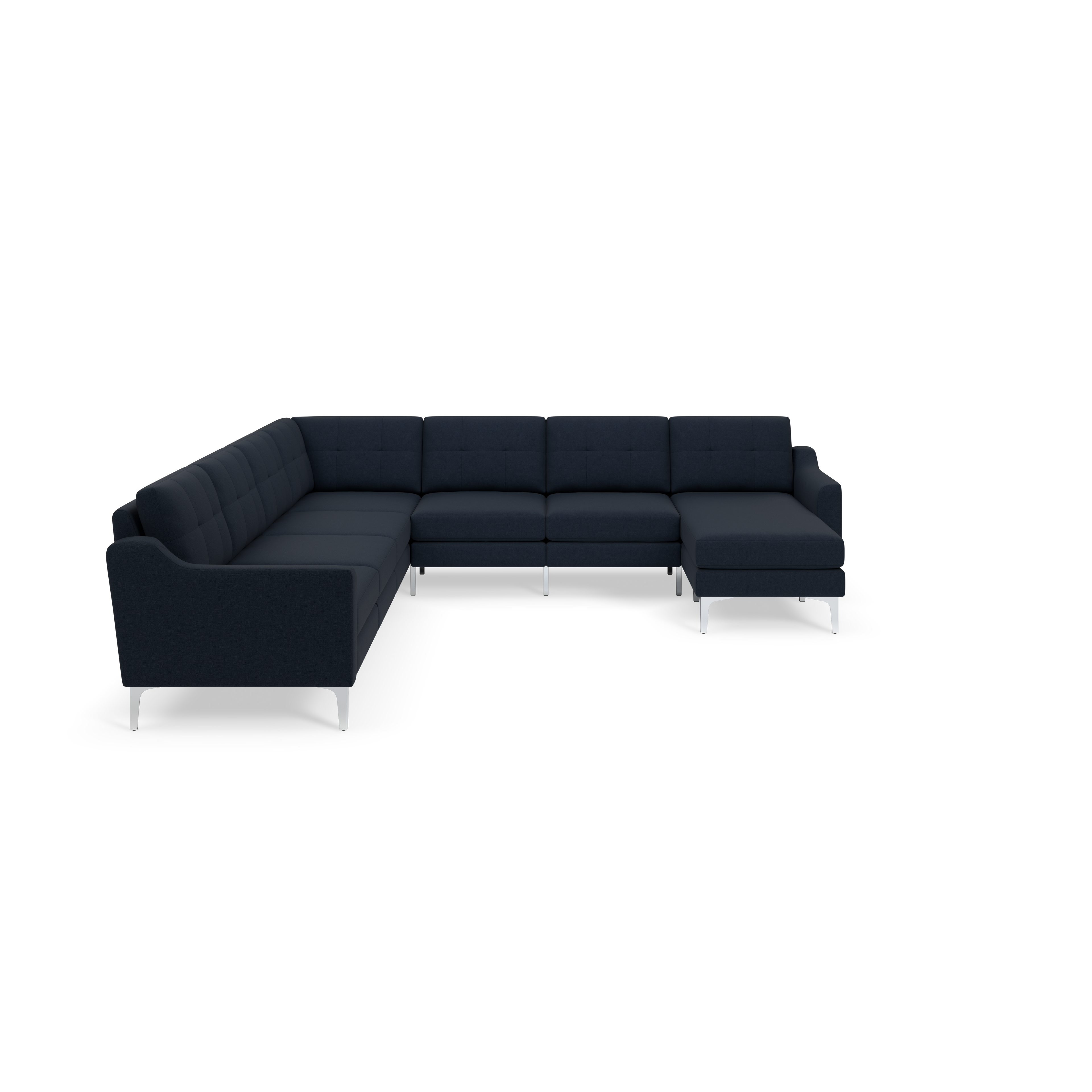 L-shaped sectional sofa in dark navy blue fabric with tufted cushions and sleek metal legs, modern design.