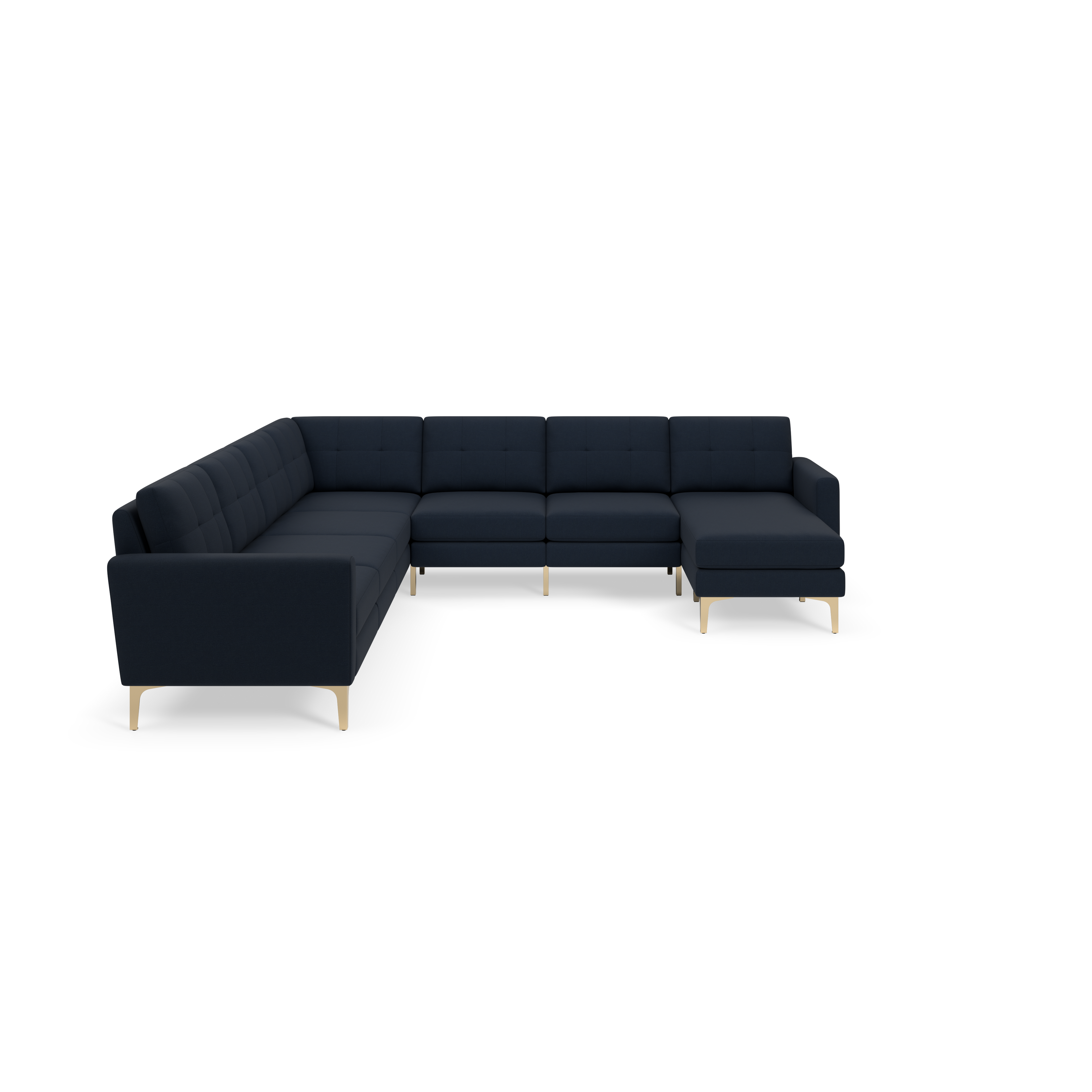 Modern navy blue sectional sofa with tufted cushions and gold metal legs, featuring L-shaped design and chaise lounge on the right.