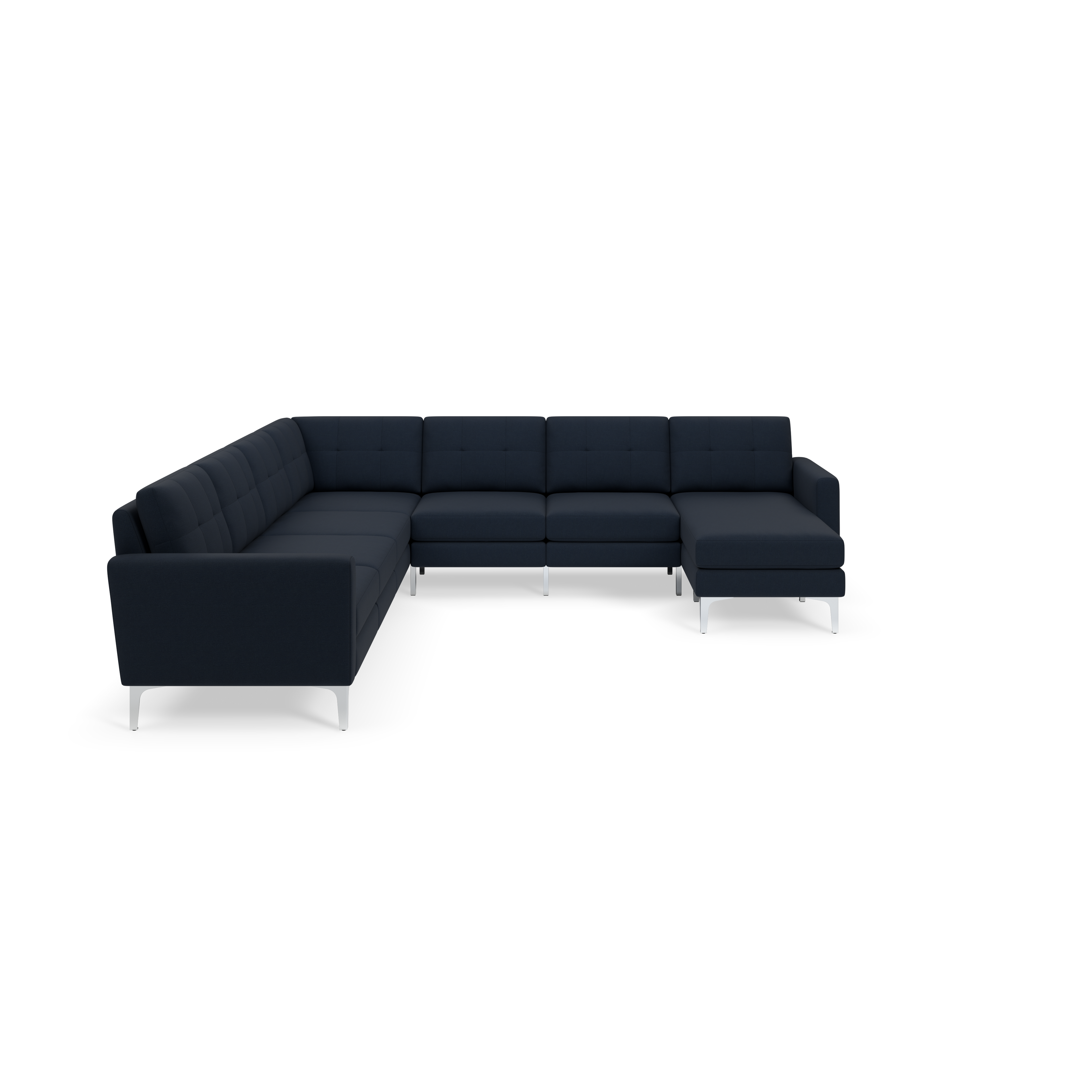 Modern L-shaped sectional sofa with dark navy fabric upholstery and silver metal legs, featuring tufted cushions and clean lines.