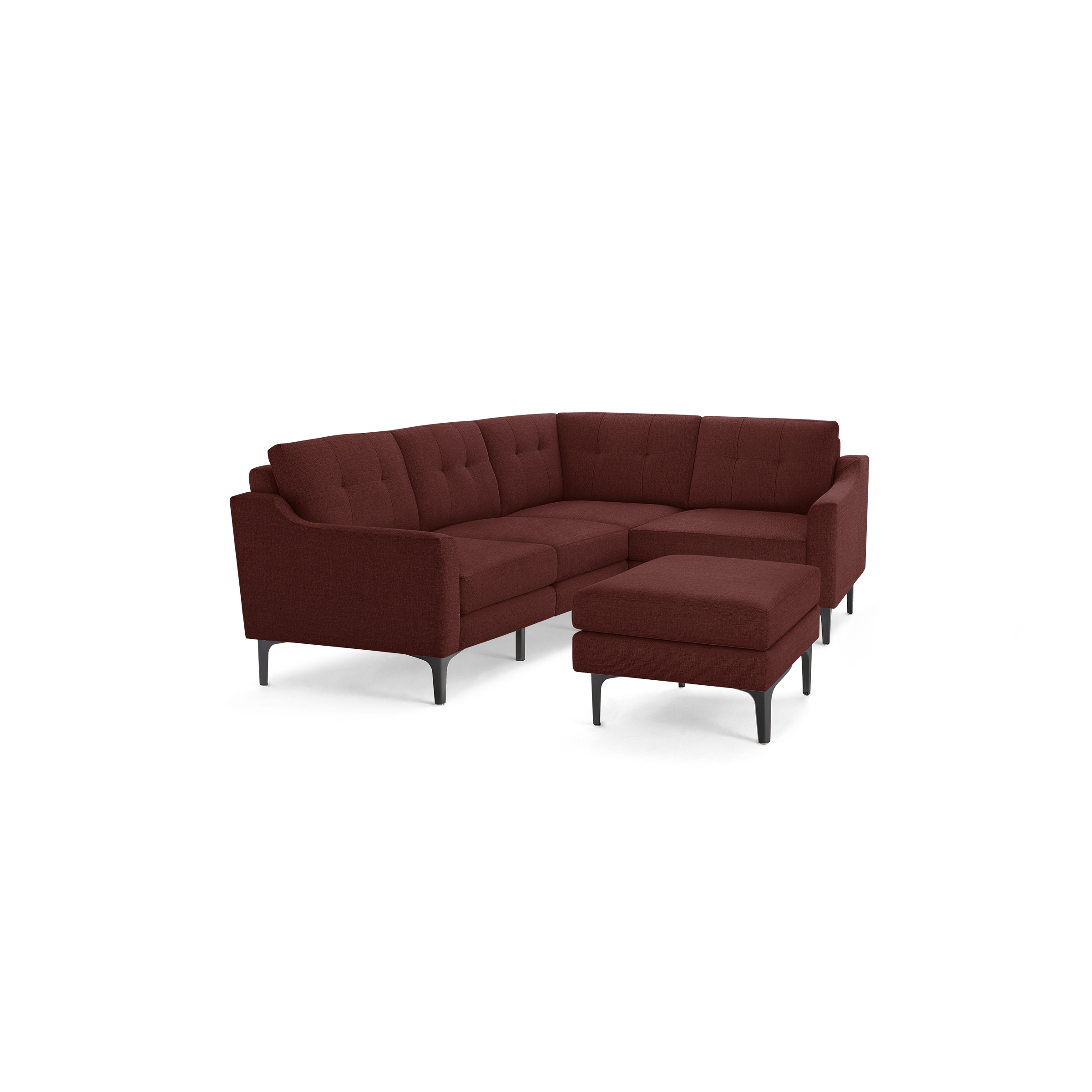 Modern L-shaped sectional sofa in deep red fabric with tufted cushions and black angled metal legs, including matching ottoman.
