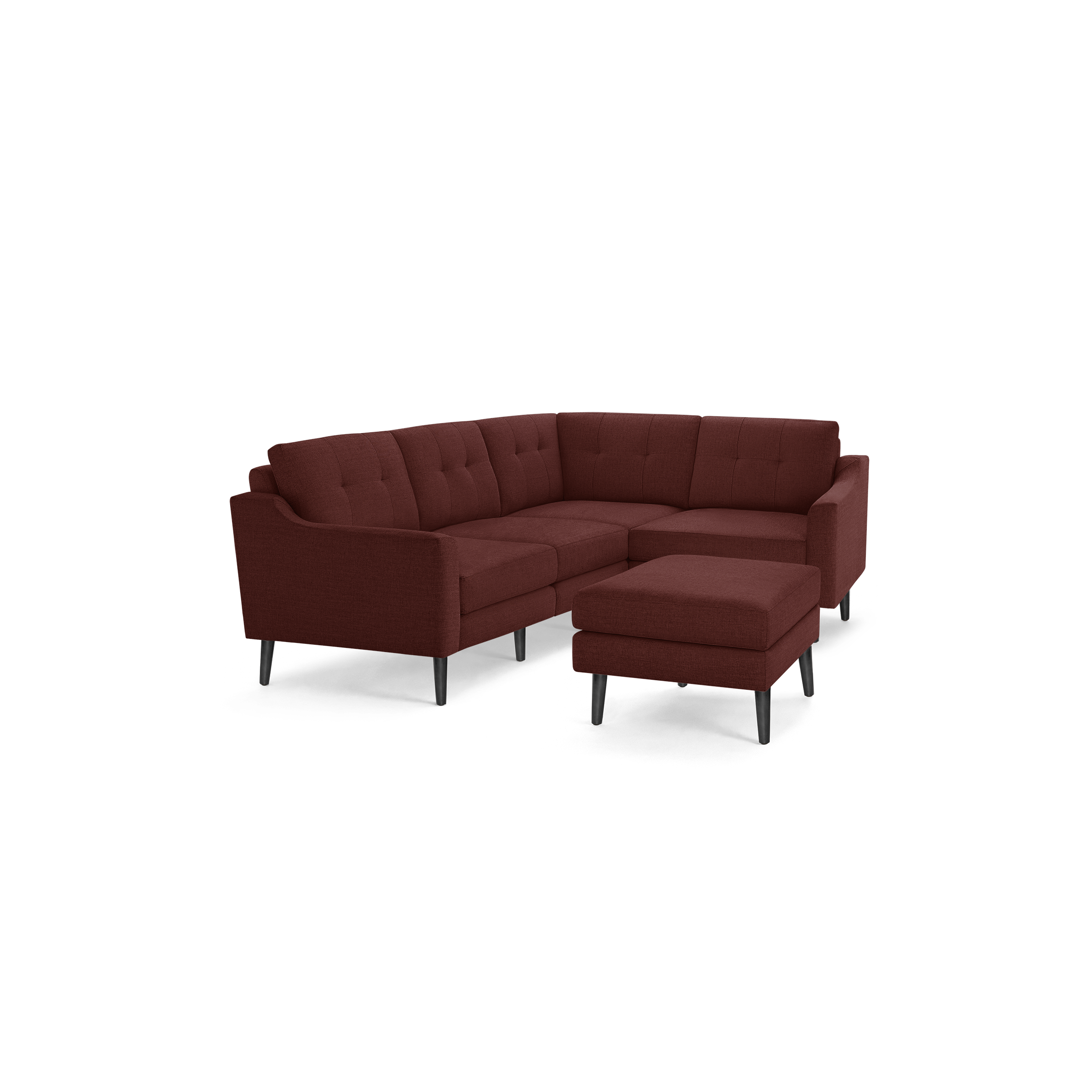 Modern L-shaped sectional sofa in deep red fabric with tufted back cushions and matching upholstered ottoman.