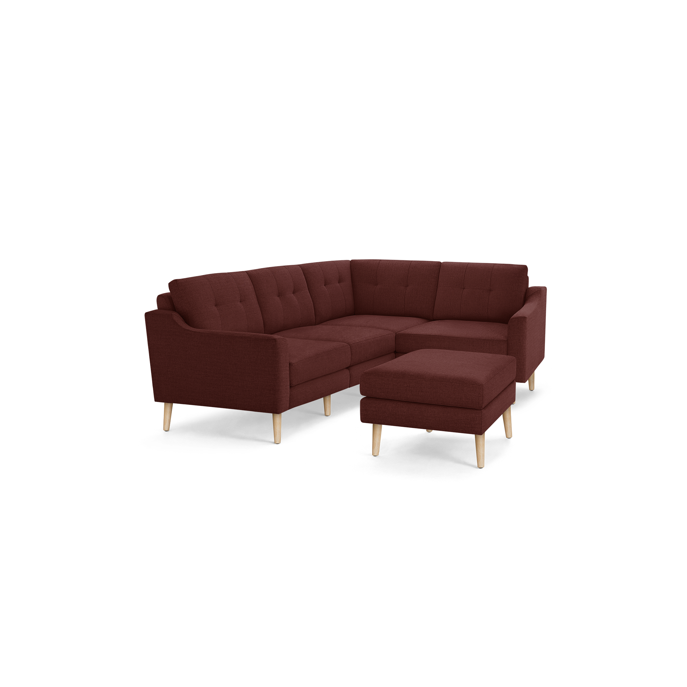 Modern L-shaped sectional sofa with tufted back cushions and matching ottoman, upholstered in dark reddish-brown fabric with wooden legs.