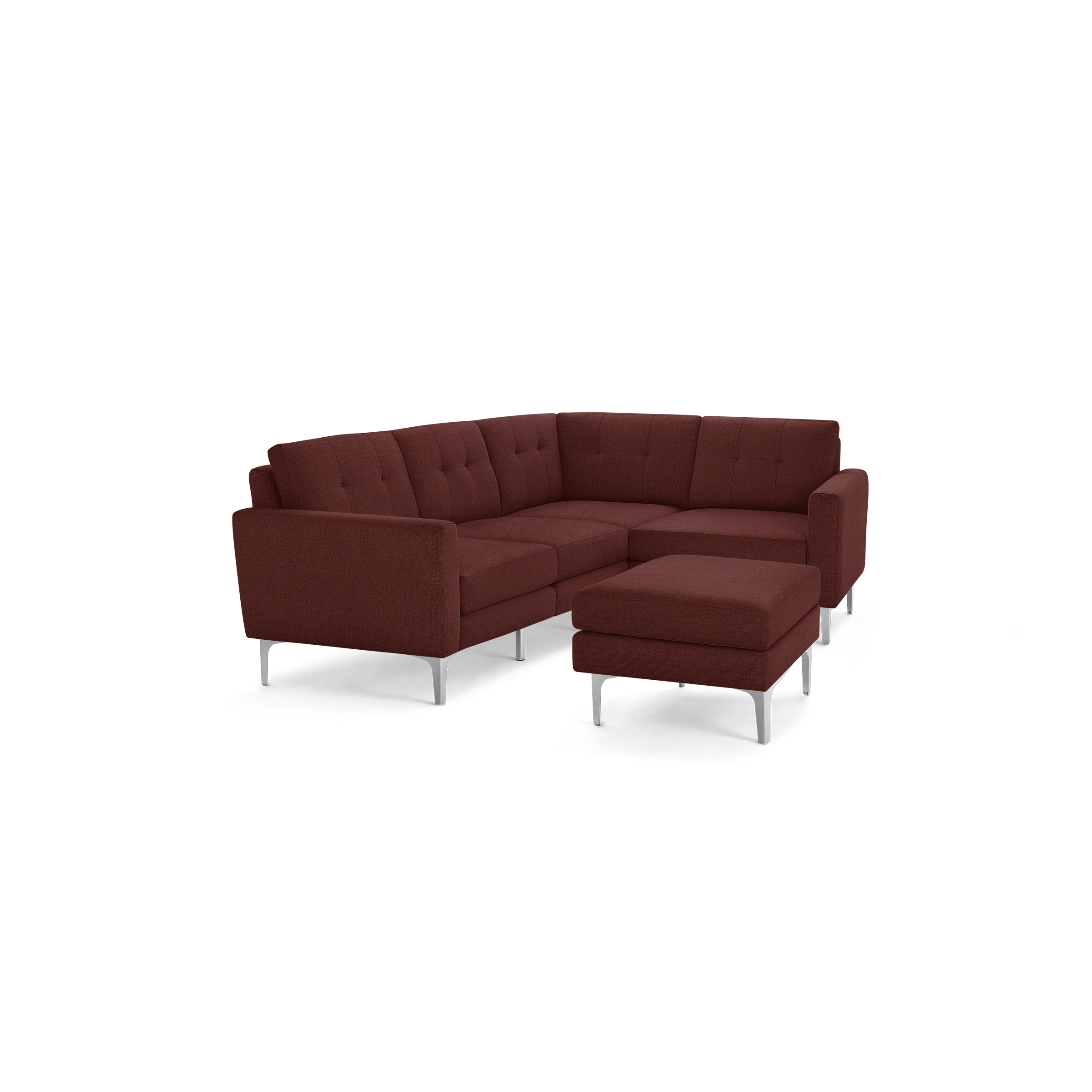 Modern L-shaped sectional sofa and matching ottoman in deep reddish-brown fabric, featuring tufted cushions and silver metal legs.
