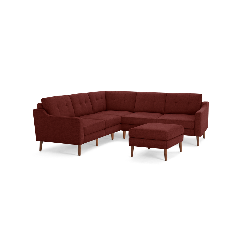 Nomad 5-Seat Corner Sectional with Ottoman - Brick Red - Performance Basketweave / Walnut - Wood / Slope