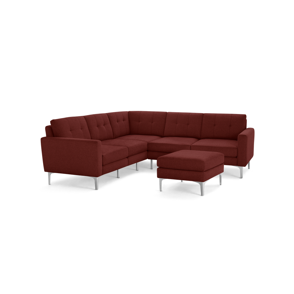 Nomad 5-Seat Corner Sectional with Ottoman - Brick Red - Performance Basketweave / Chrome - Metal / Block