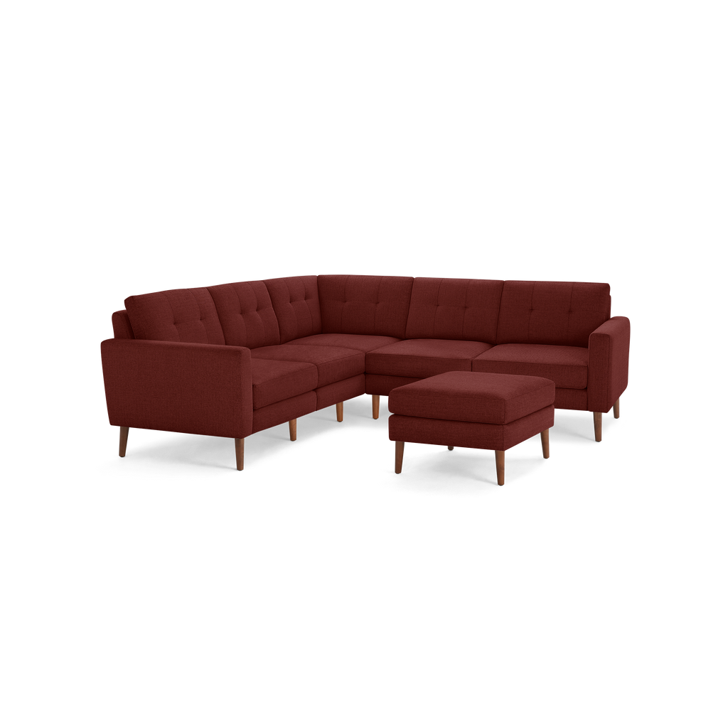 Nomad 5-Seat Corner Sectional with Ottoman - Brick Red - Performance Basketweave / Walnut - Wood / Block