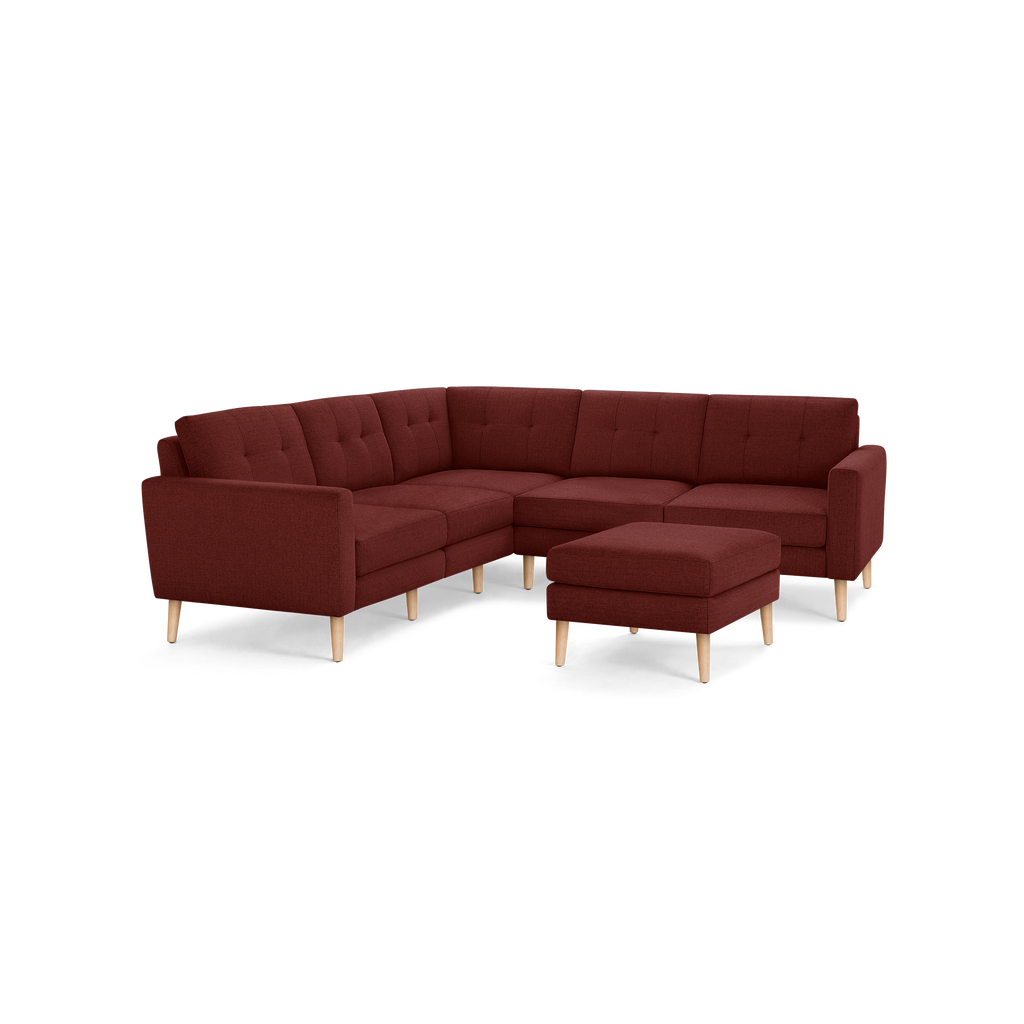 Nomad 5-Seat Corner Sectional with Ottoman - Brick Red - Performance Basketweave / Oak - Wood / Block