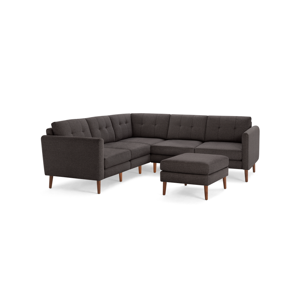 Nomad 5-Seat Corner Sectional with Ottoman - Charcoal - Performance Basketweave / Walnut - Wood / Arch