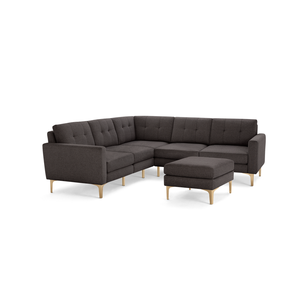 Nomad 5-Seat Corner Sectional with Ottoman - Charcoal - Performance Basketweave / Brass - Metal / Block